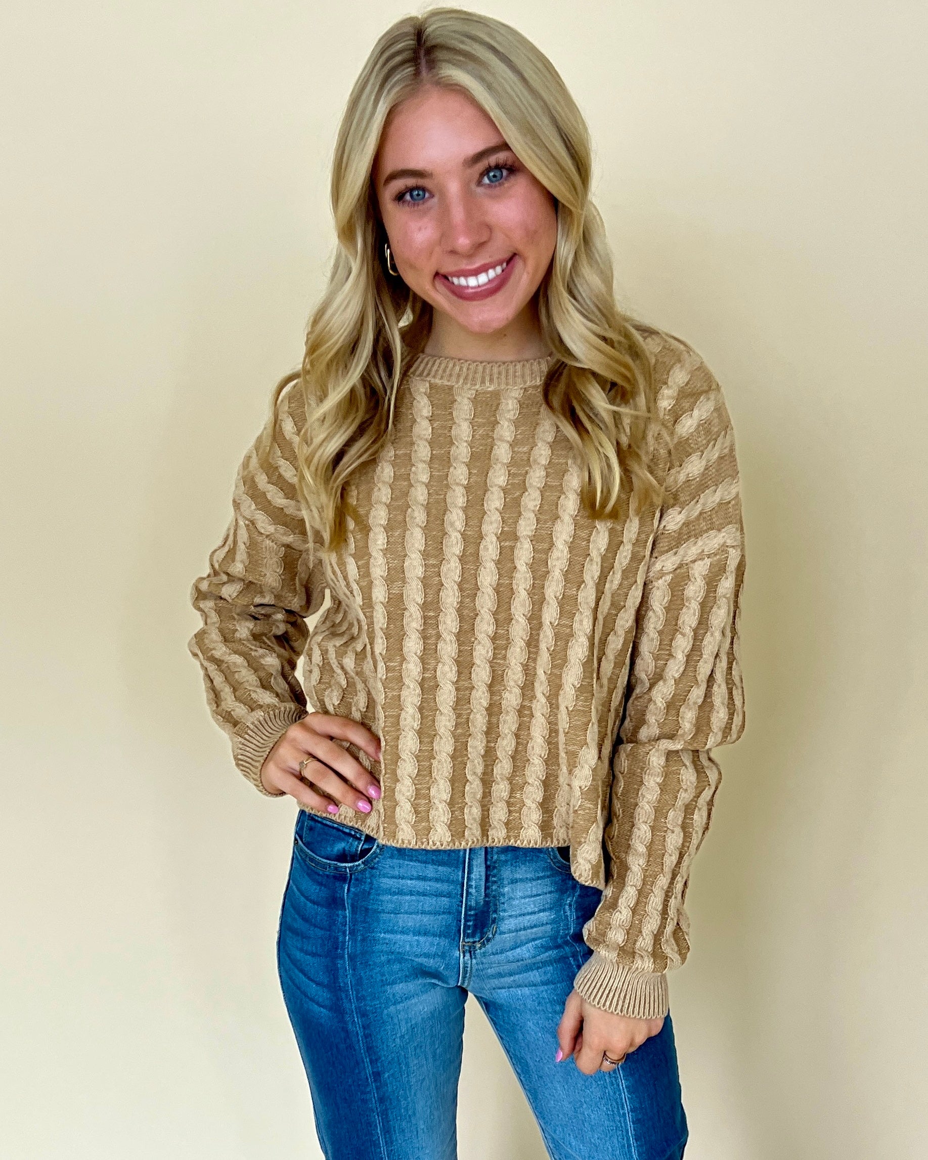 Along The Way Latte Cropped Contrasting Knit Sweater-Shop-Womens-Boutique-Clothing