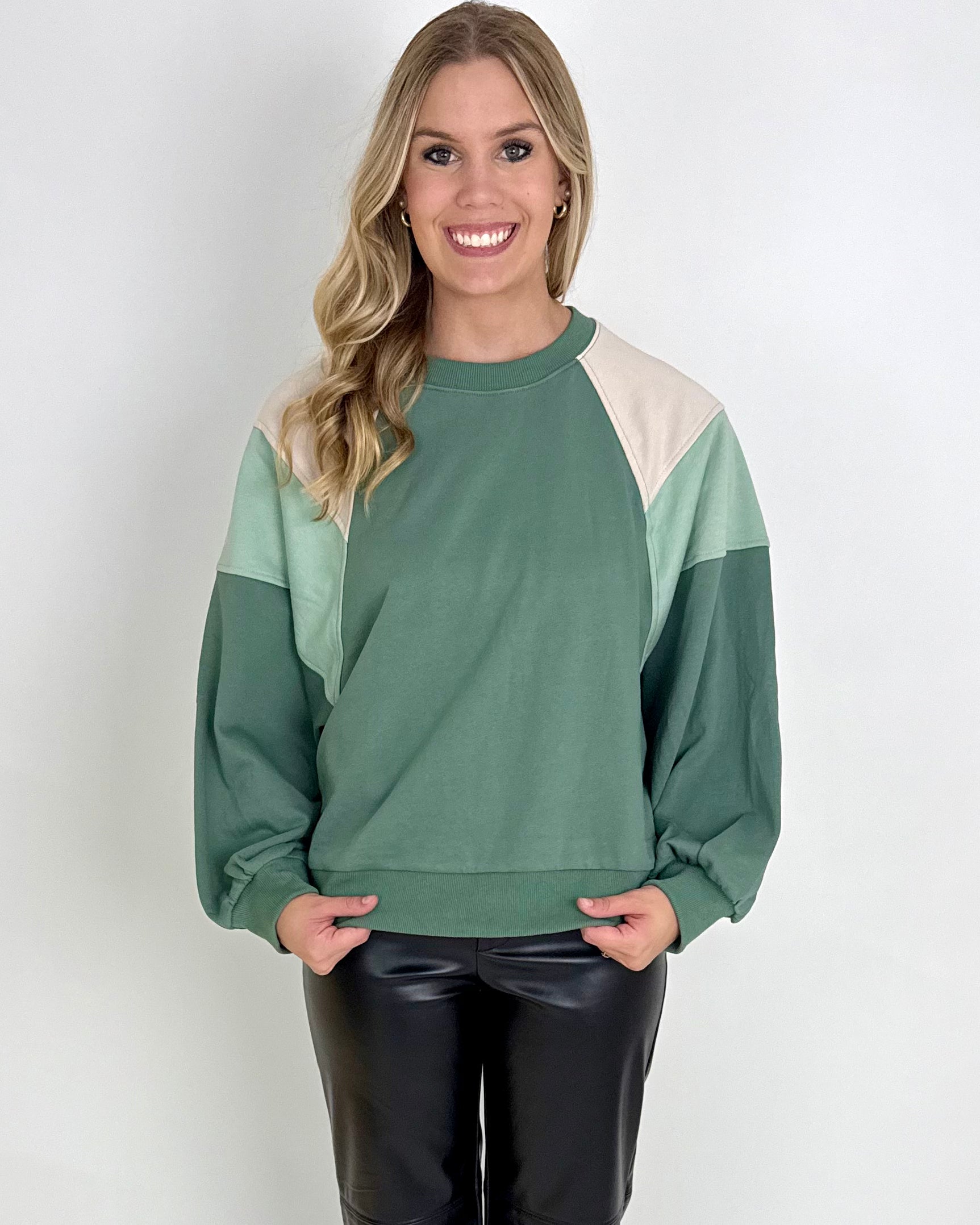 Turn Back Sage Colorblock Sweatshirt-Shop-Womens-Boutique-Clothing