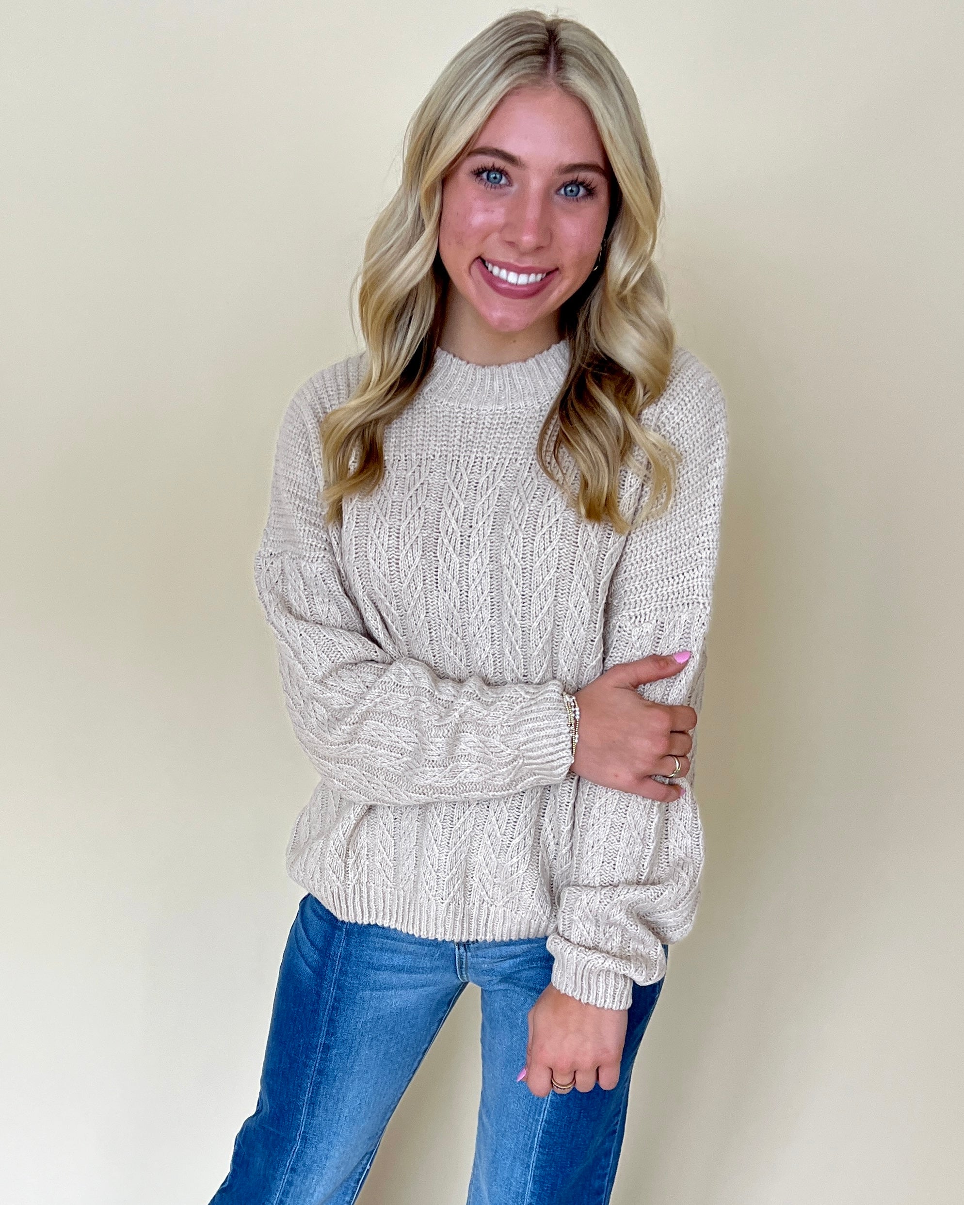 More To Say Sand Crochet Knit Sweater-Shop-Womens-Boutique-Clothing