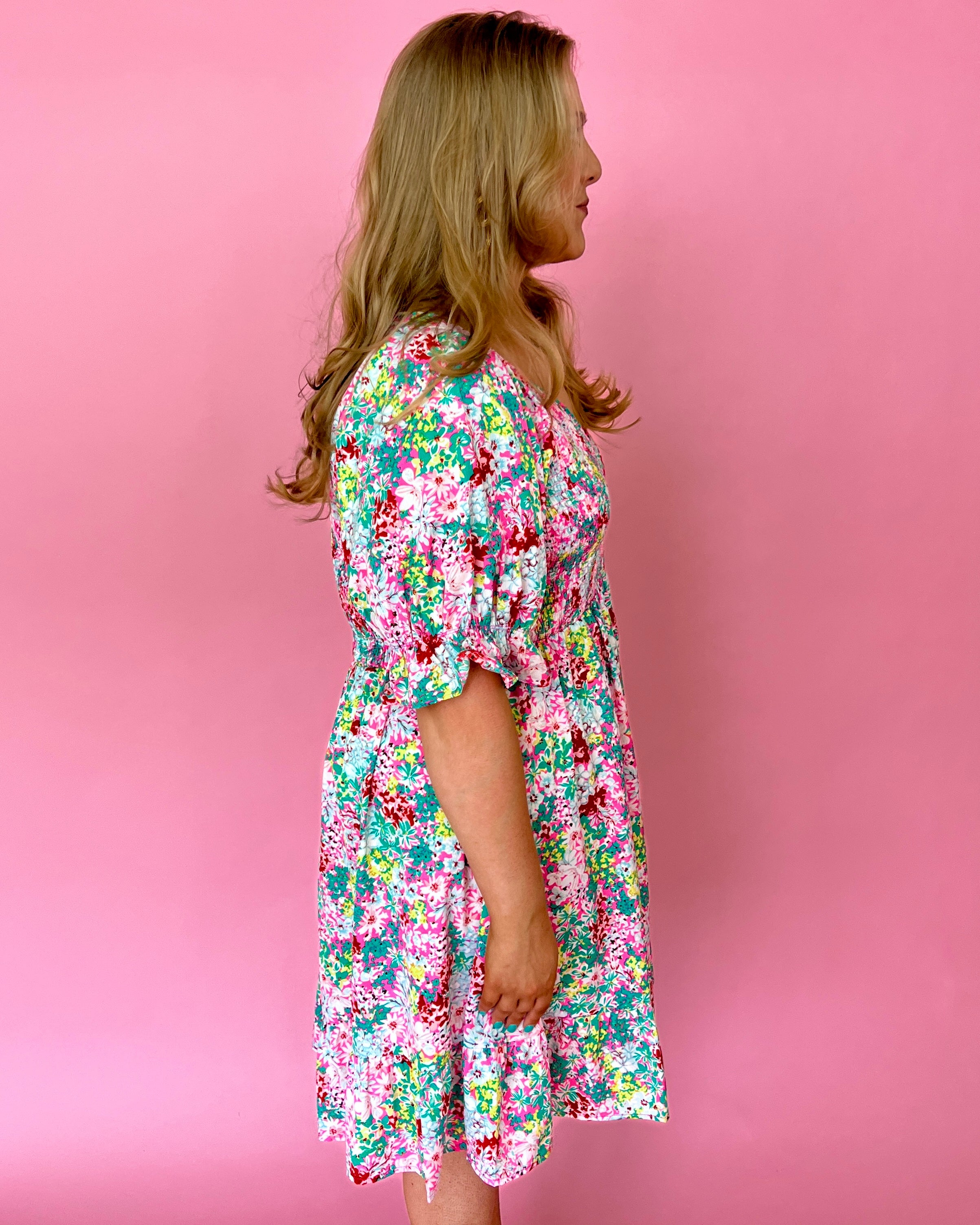 Spring Days Hot Pink Plus Floral Smocked Ruffle Dress-Shop-Womens-Boutique-Clothing