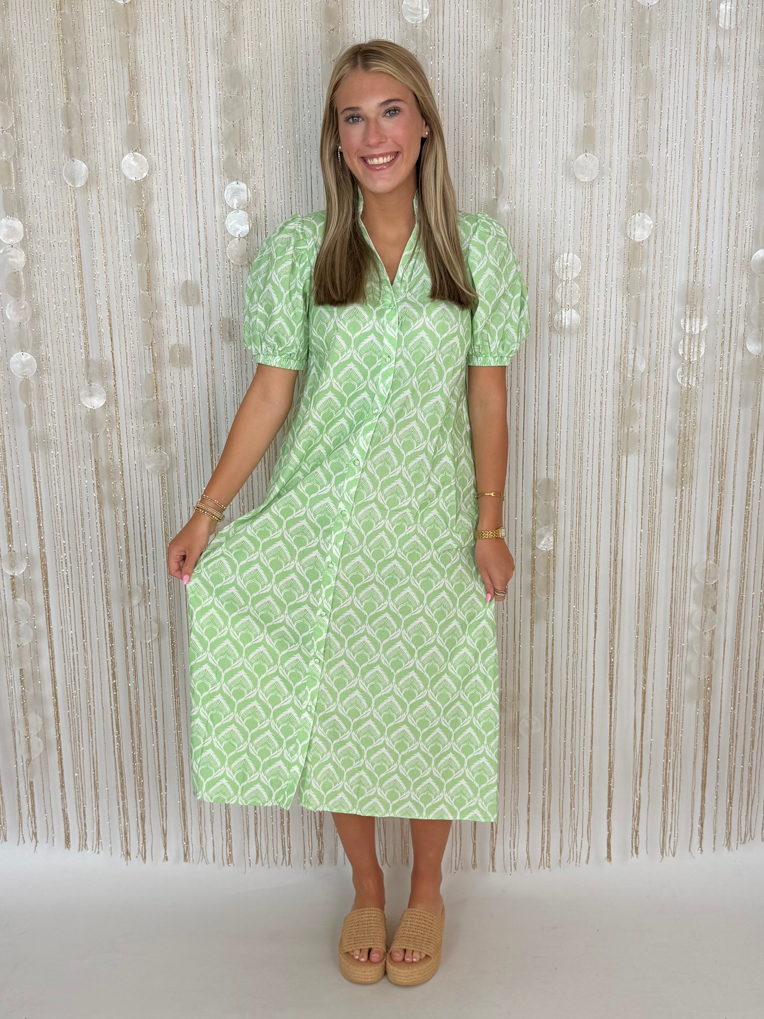 Sweetly Detailed Apple Green Mix Print Button Down Midi Dress-Shop-Womens-Boutique-Clothing