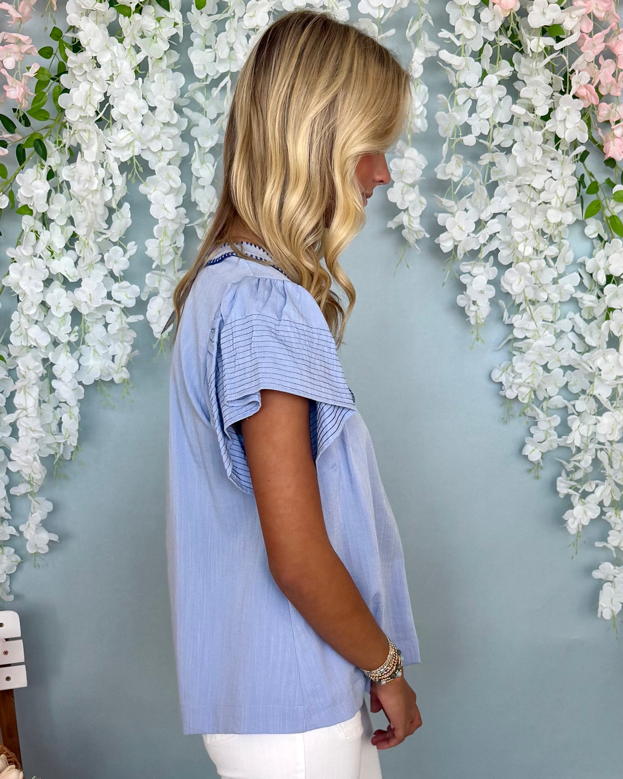 Lovely Details Lt Blue Contrast Stitch Top-Shop-Womens-Boutique-Clothing