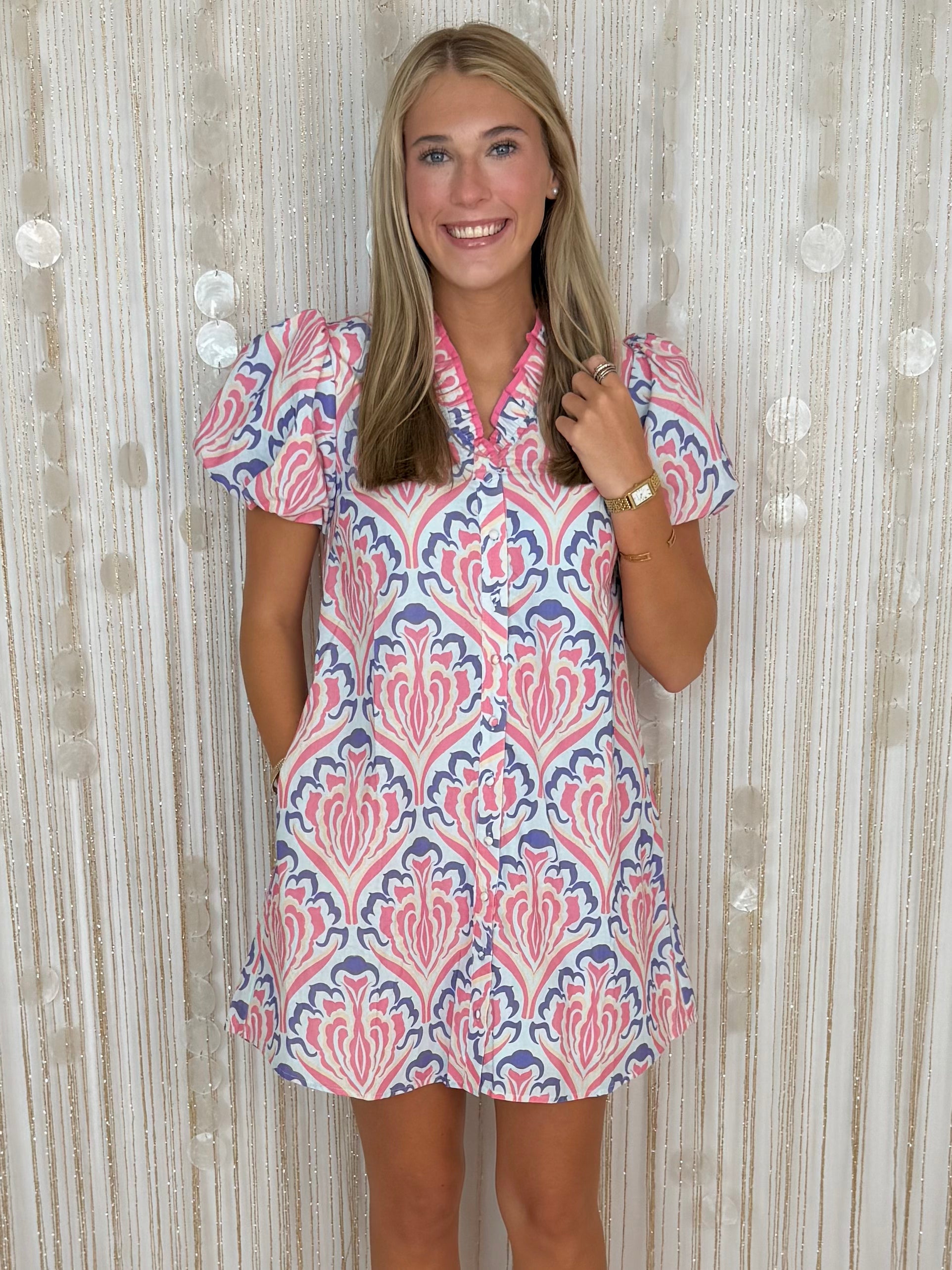 Effortlessly Refined Pink/Blue Ruffle V-Neck Button Down Dress-Shop-Womens-Boutique-Clothing