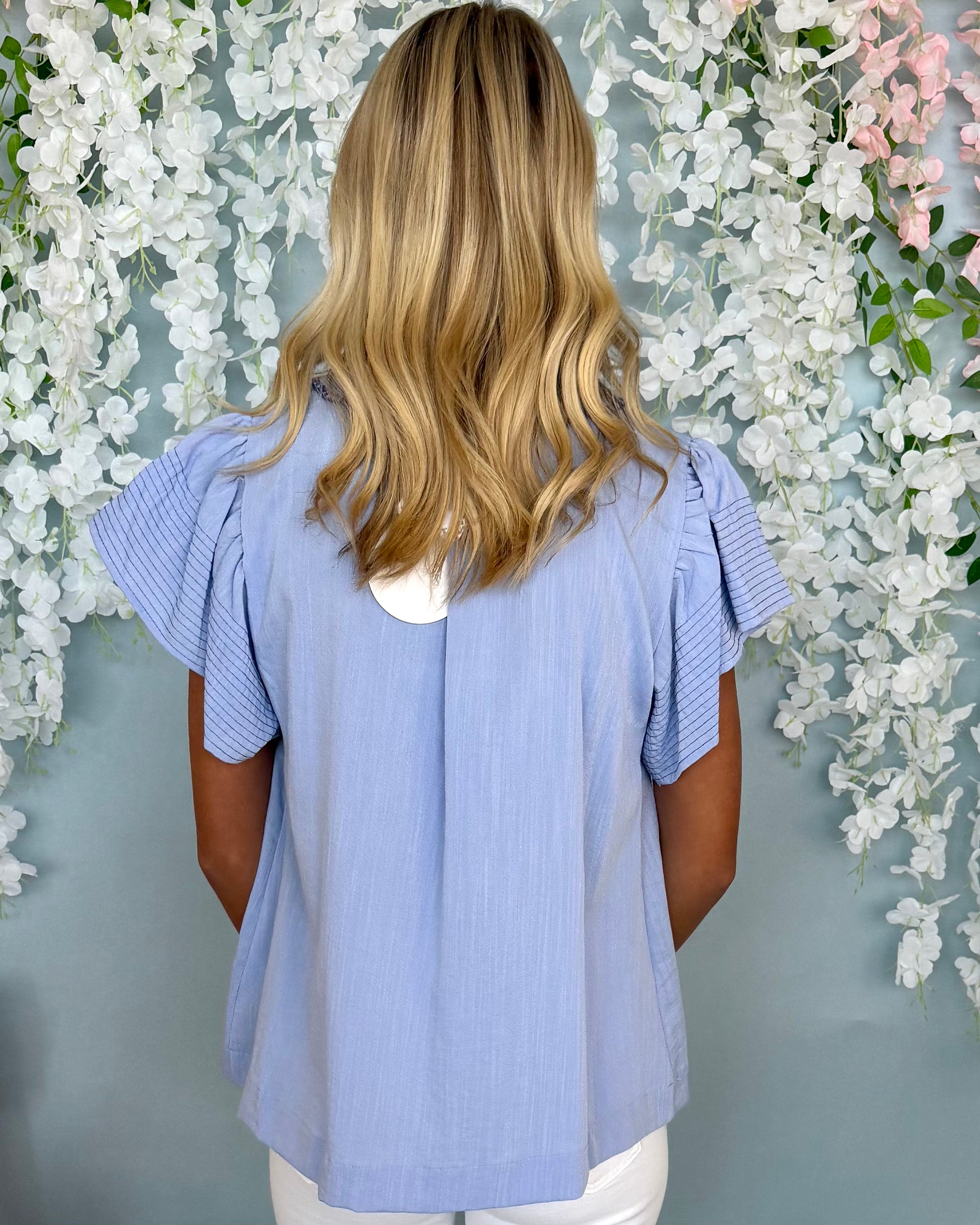 Lovely Details Lt Blue Contrast Stitch Top-Shop-Womens-Boutique-Clothing