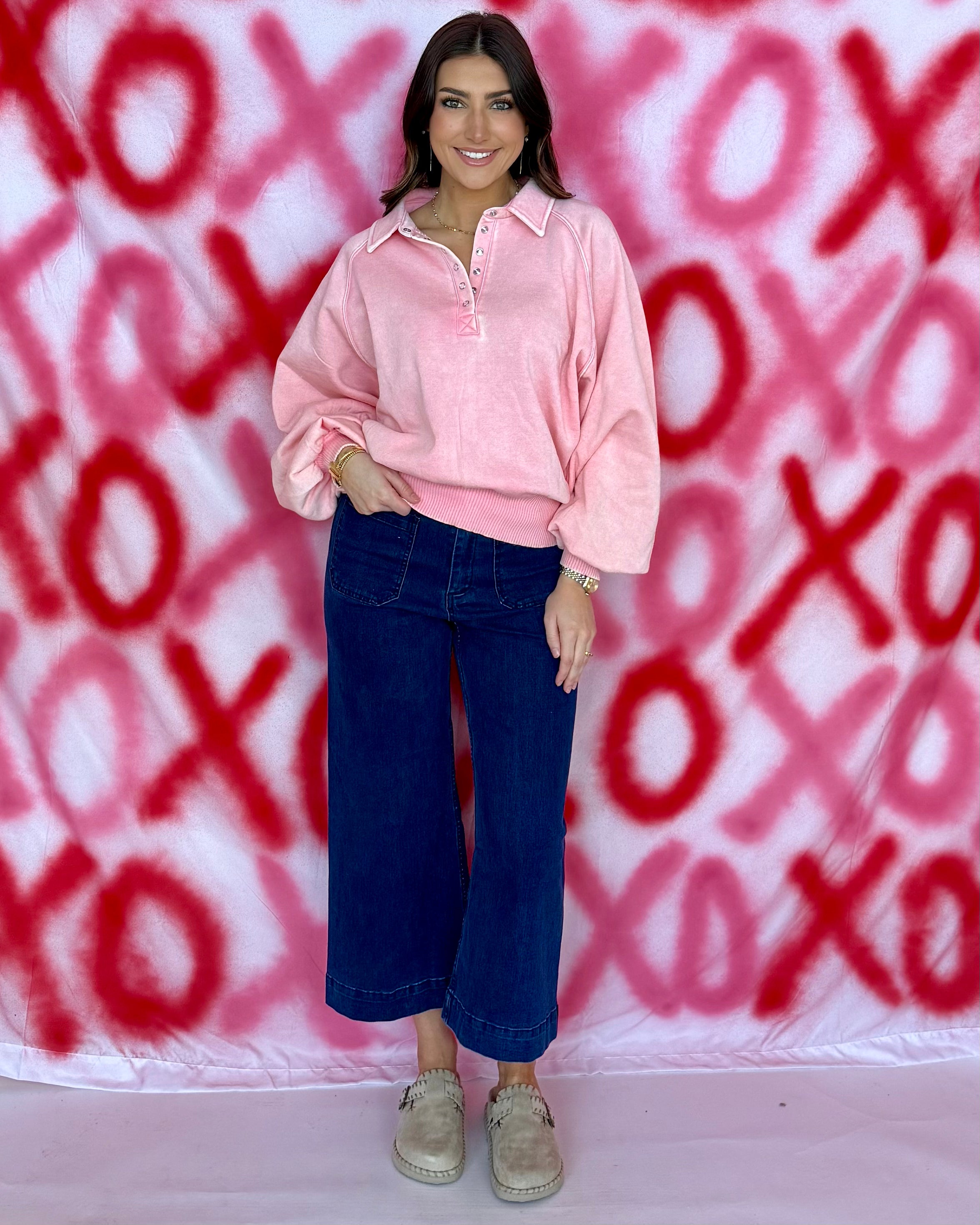 Cloud Nine Dk Pink Washed Button Up Sweatshirt-Shop-Womens-Boutique-Clothing