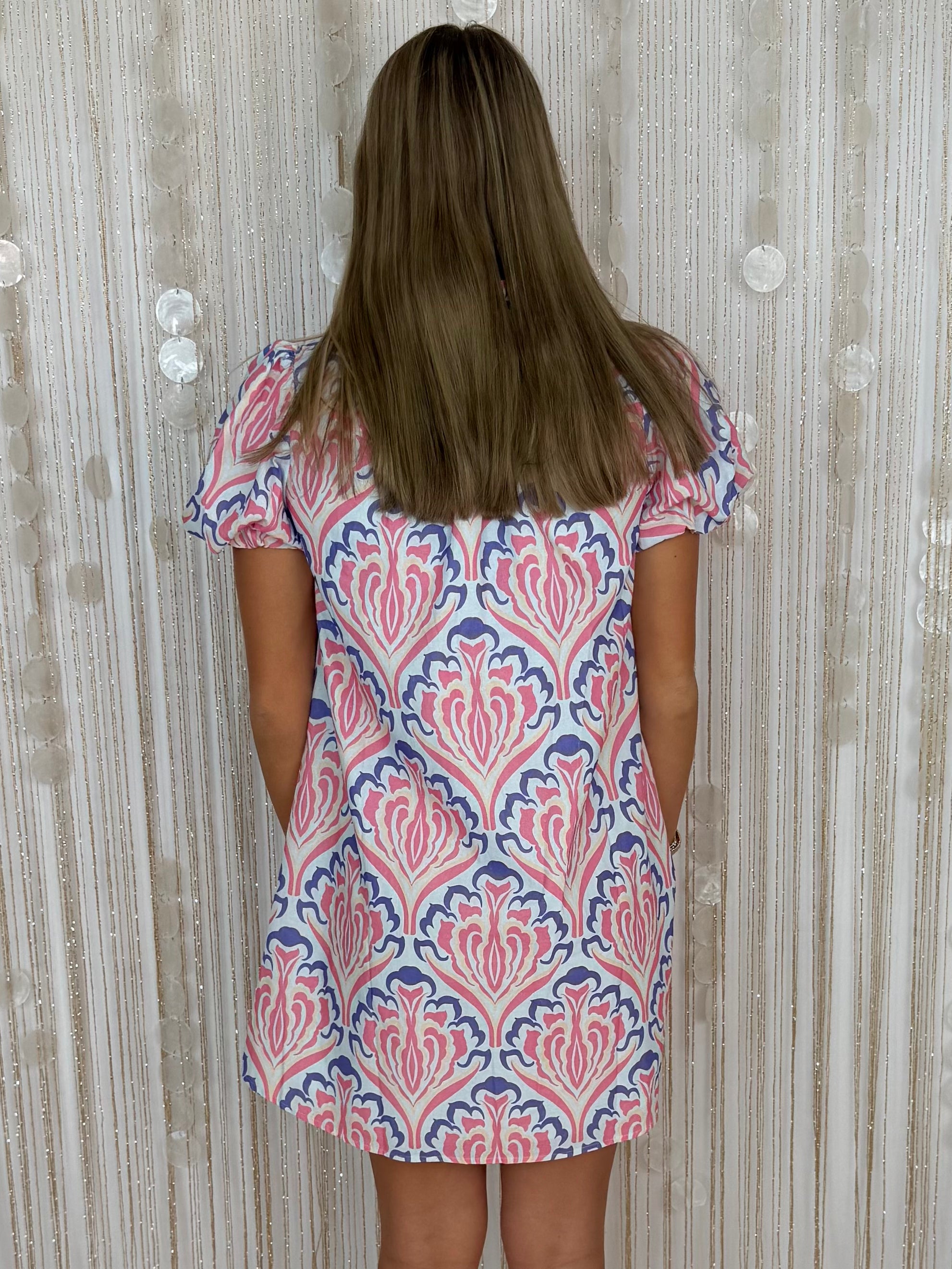 Effortlessly Refined Pink/Blue Ruffle V-Neck Button Down Dress-Shop-Womens-Boutique-Clothing