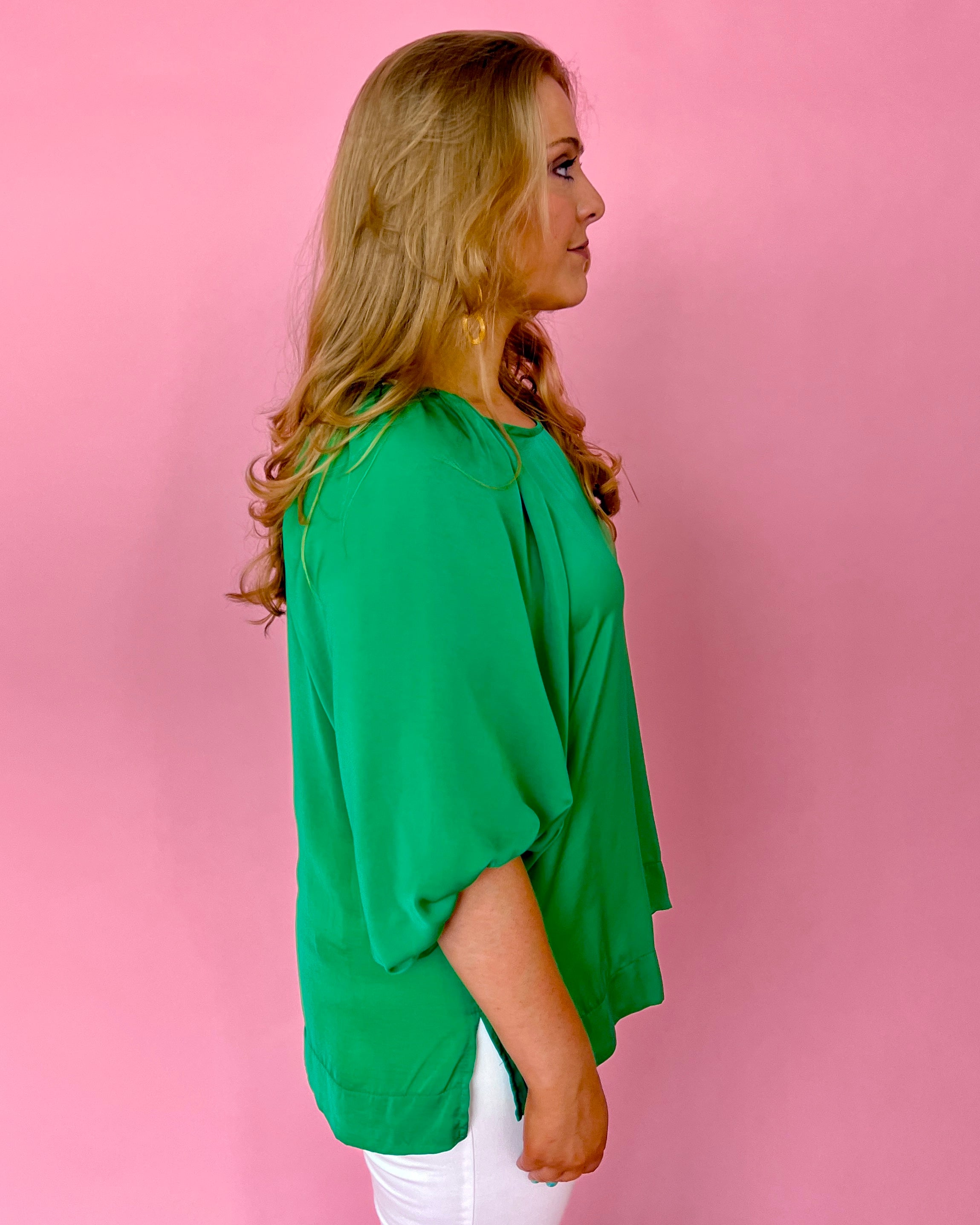 Lucky Me Kelly Green Plus Satin Balloon Sleeve Top-Shop-Womens-Boutique-Clothing
