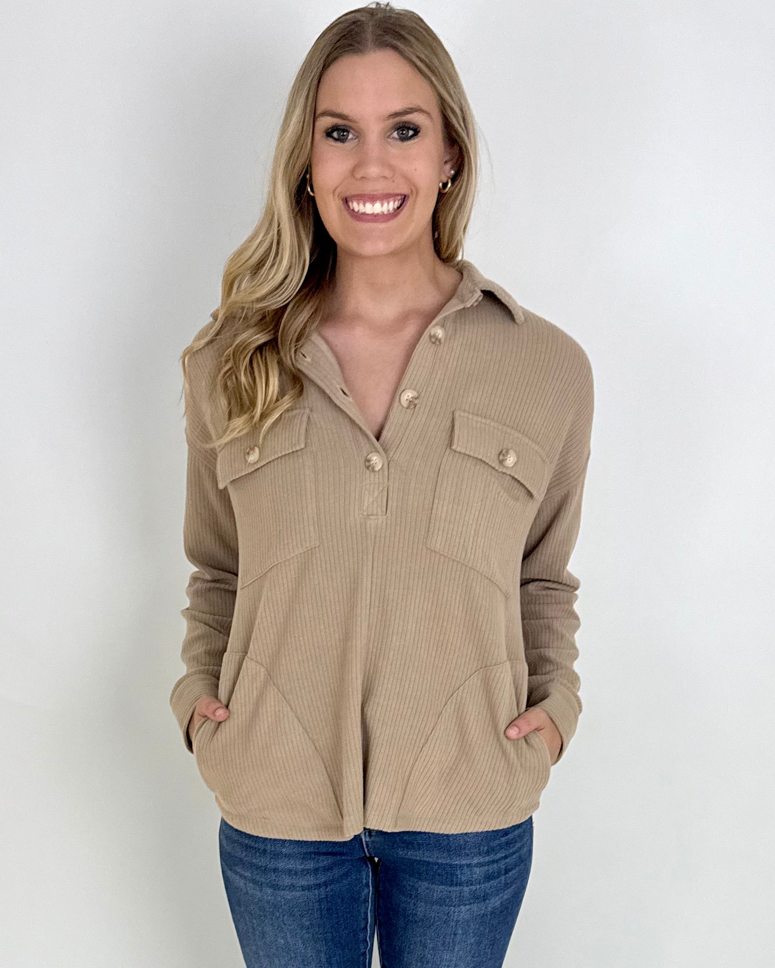 Want It Back Taupe Button Top-Shop-Womens-Boutique-Clothing