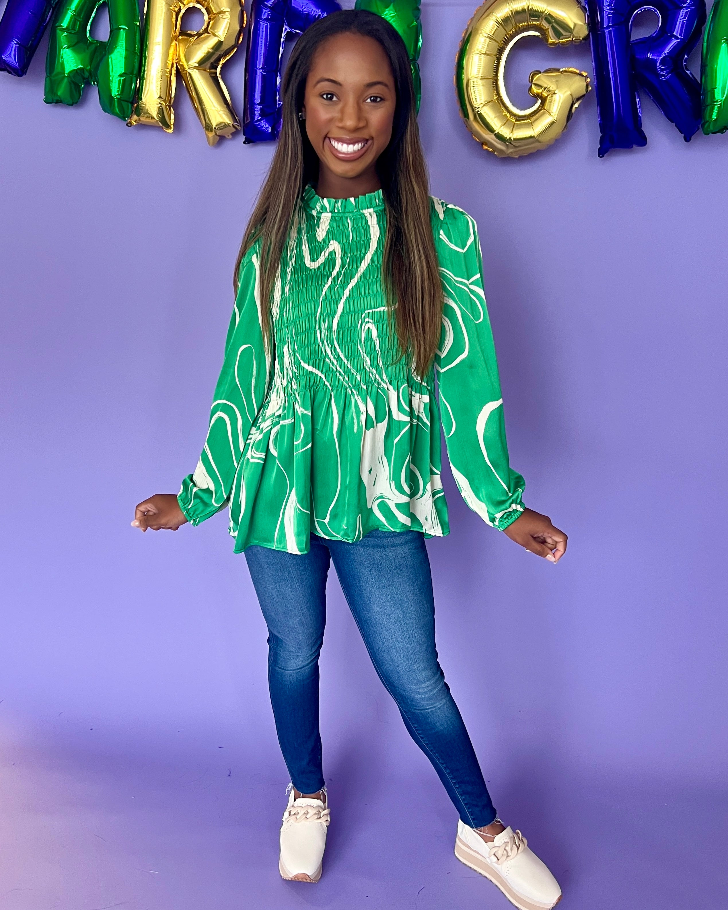 It's Possible Kelly Green Swirl Satin Top