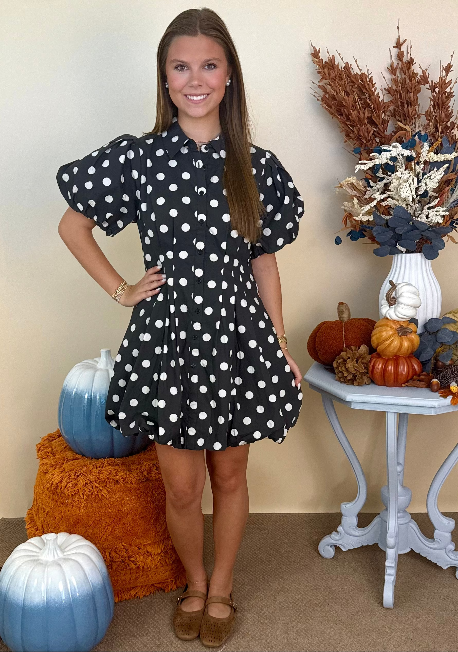 Leave it Behind Black Polka Dot Balloon Hem Dress-Shop-Womens-Boutique-Clothing