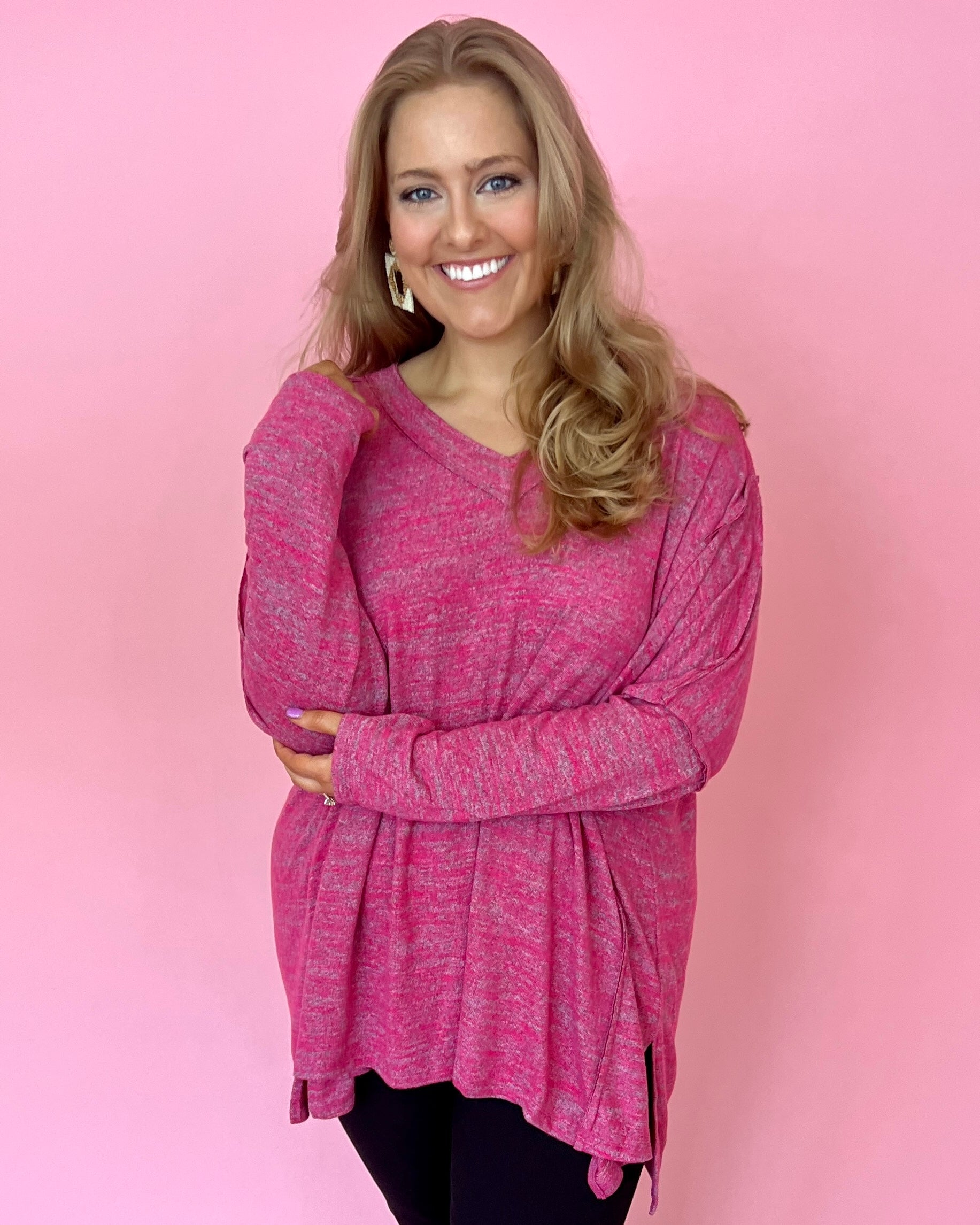 Cozying Up Fuchsia Plus Heathered V-neck Dolman Top-Shop-Womens-Boutique-Clothing