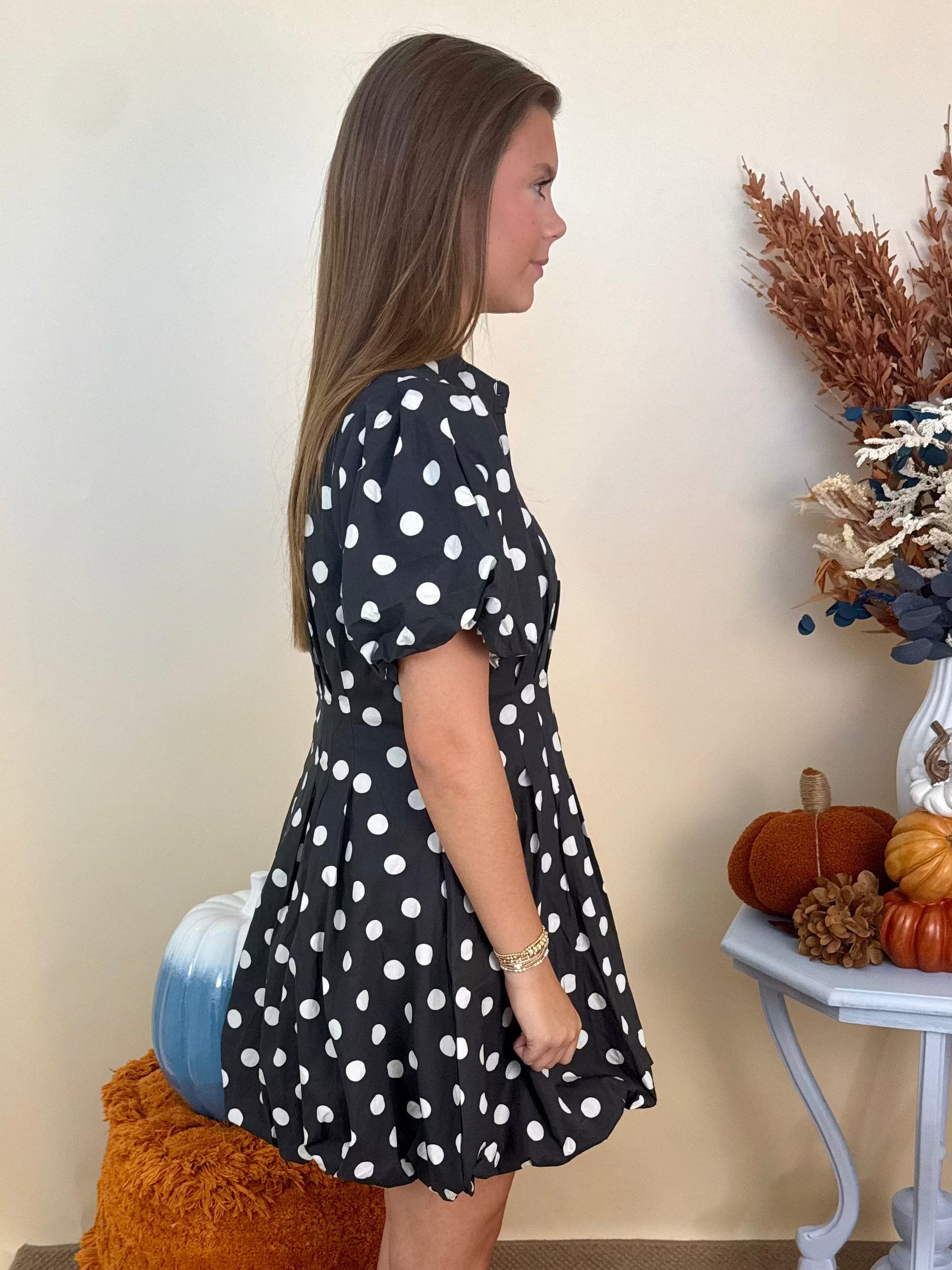 Leave it Behind Black Polka Dot Balloon Hem Dress-Shop-Womens-Boutique-Clothing