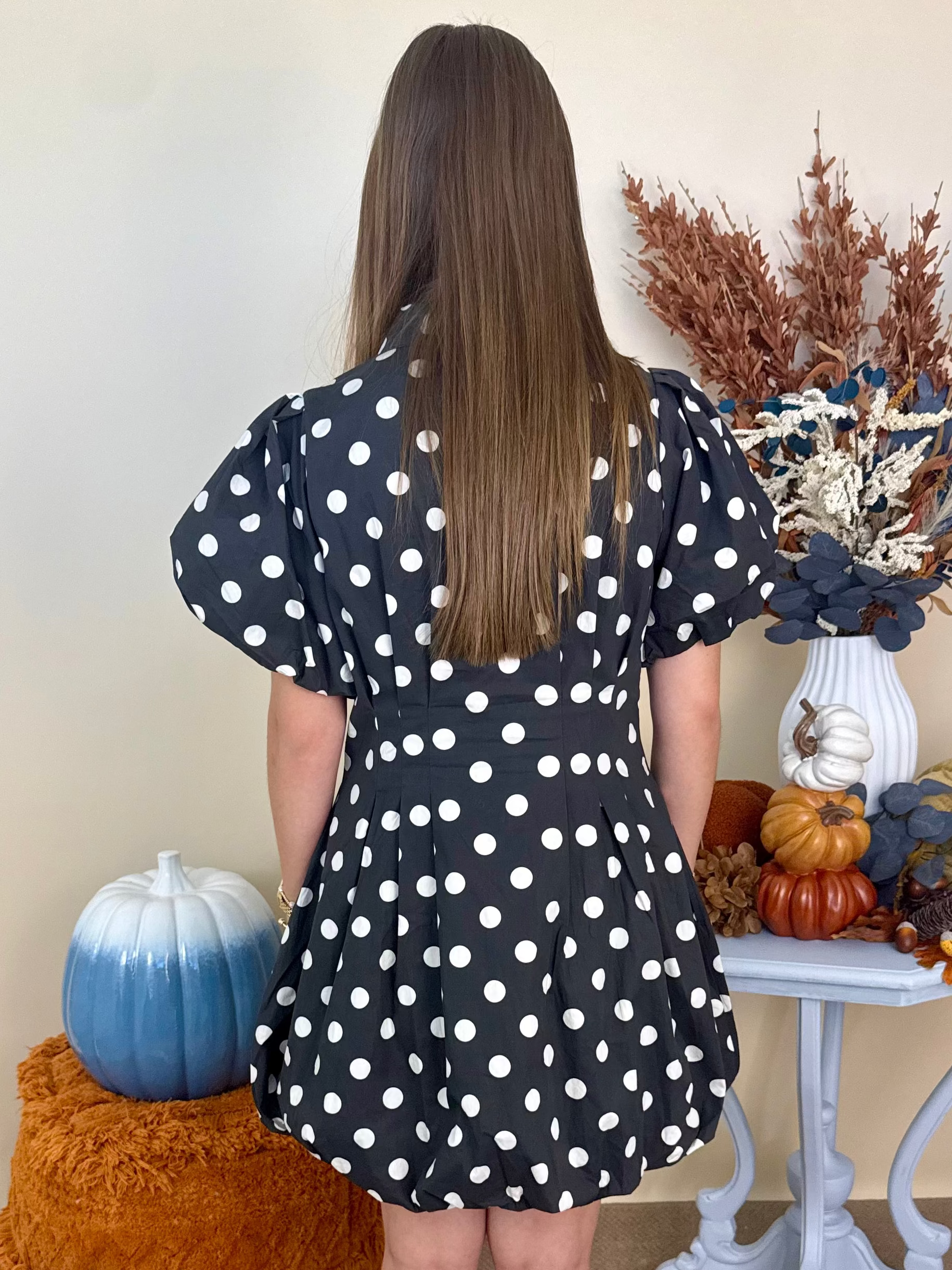 Leave it Behind Black Polka Dot Balloon Hem Dress-Shop-Womens-Boutique-Clothing
