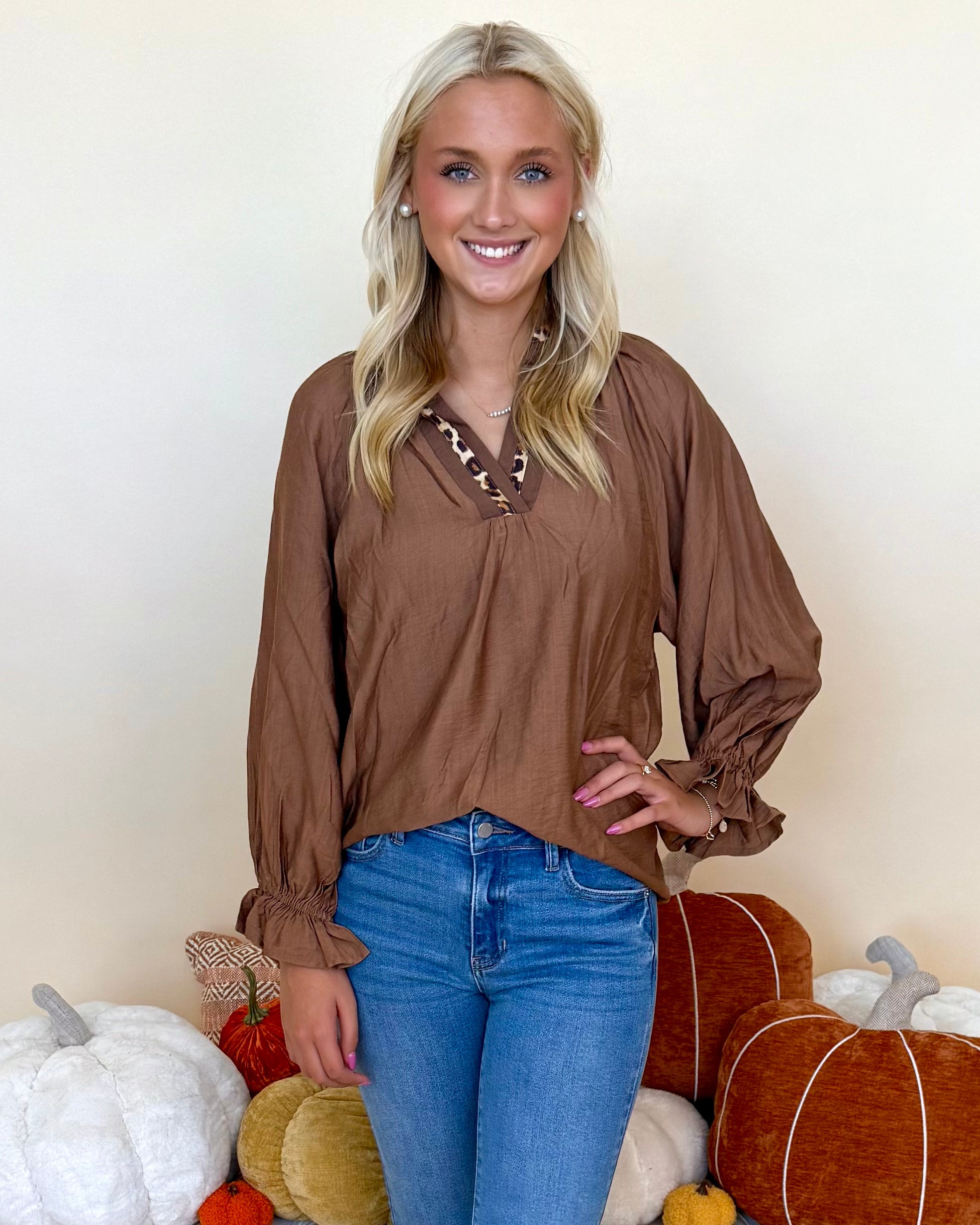 All The Signs Brown Leopard Trim Top-Shop-Womens-Boutique-Clothing