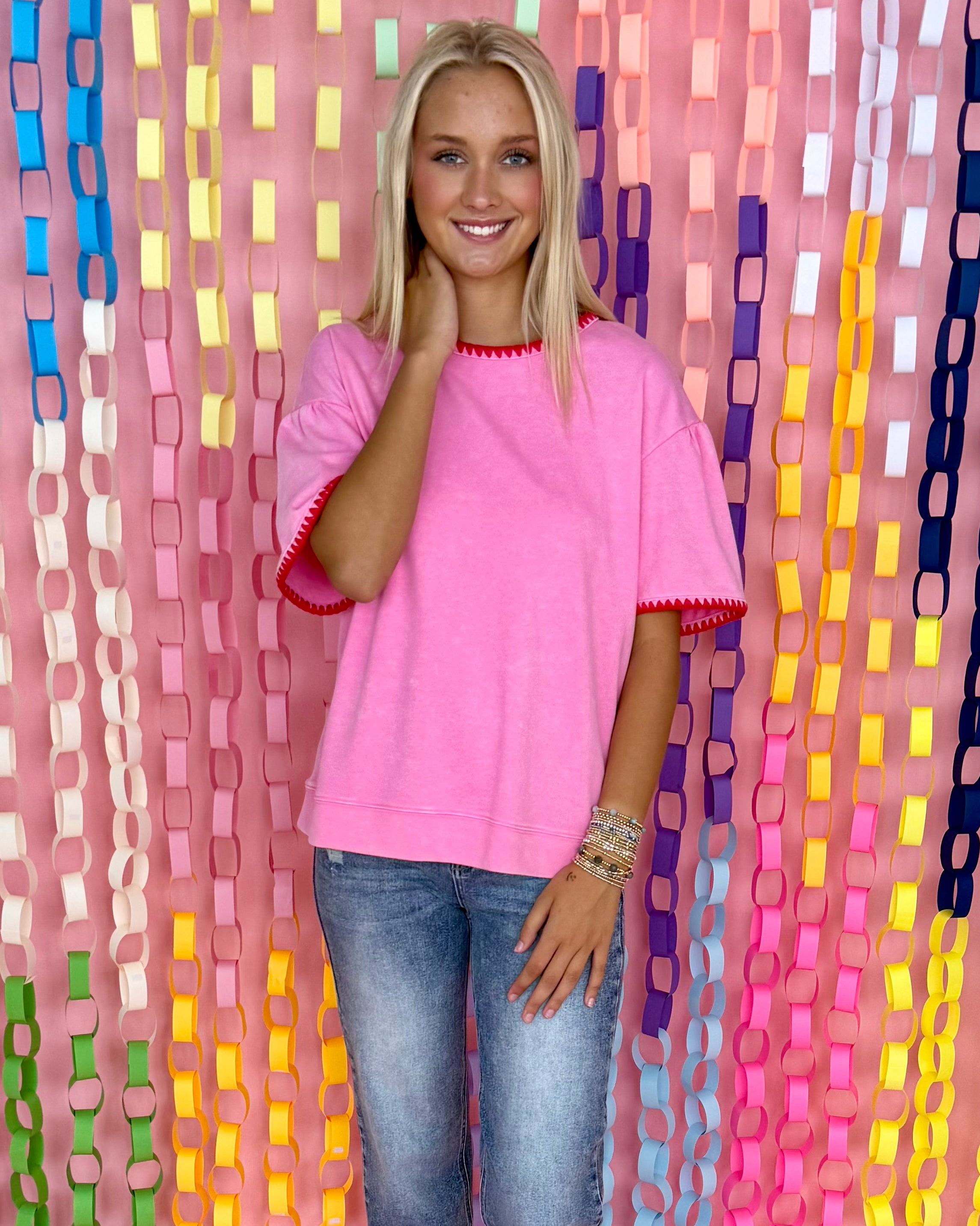 By The Coast Pink Stitched Trim Top-Shop-Womens-Boutique-Clothing