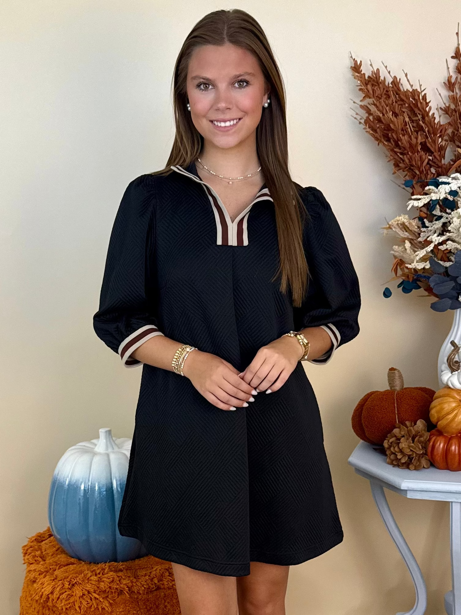 Return To It Black Jacquard Stripe Dress-Shop-Womens-Boutique-Clothing