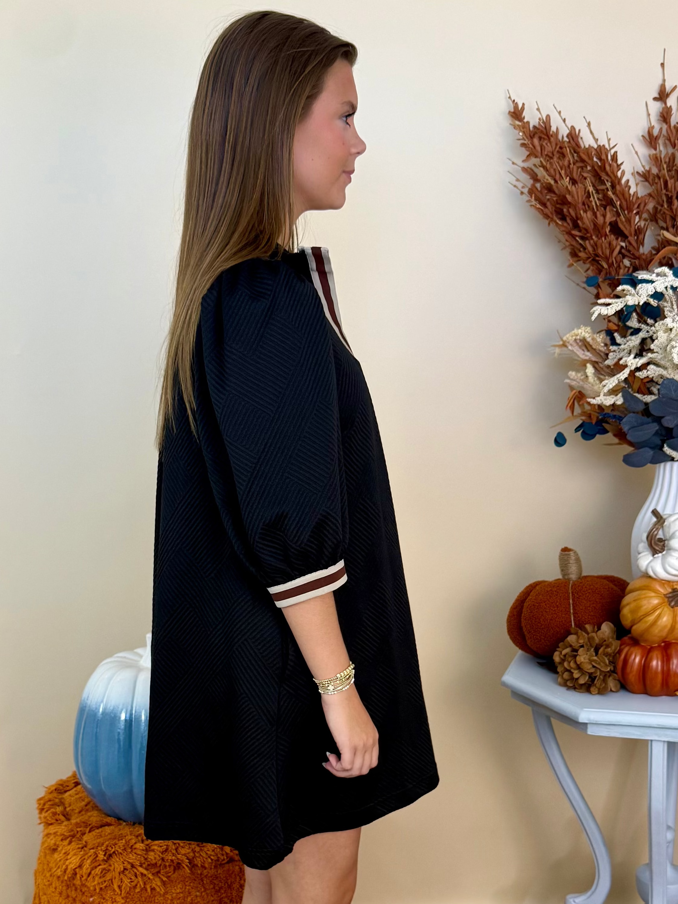 Return To It Black Jacquard Stripe Dress-Shop-Womens-Boutique-Clothing