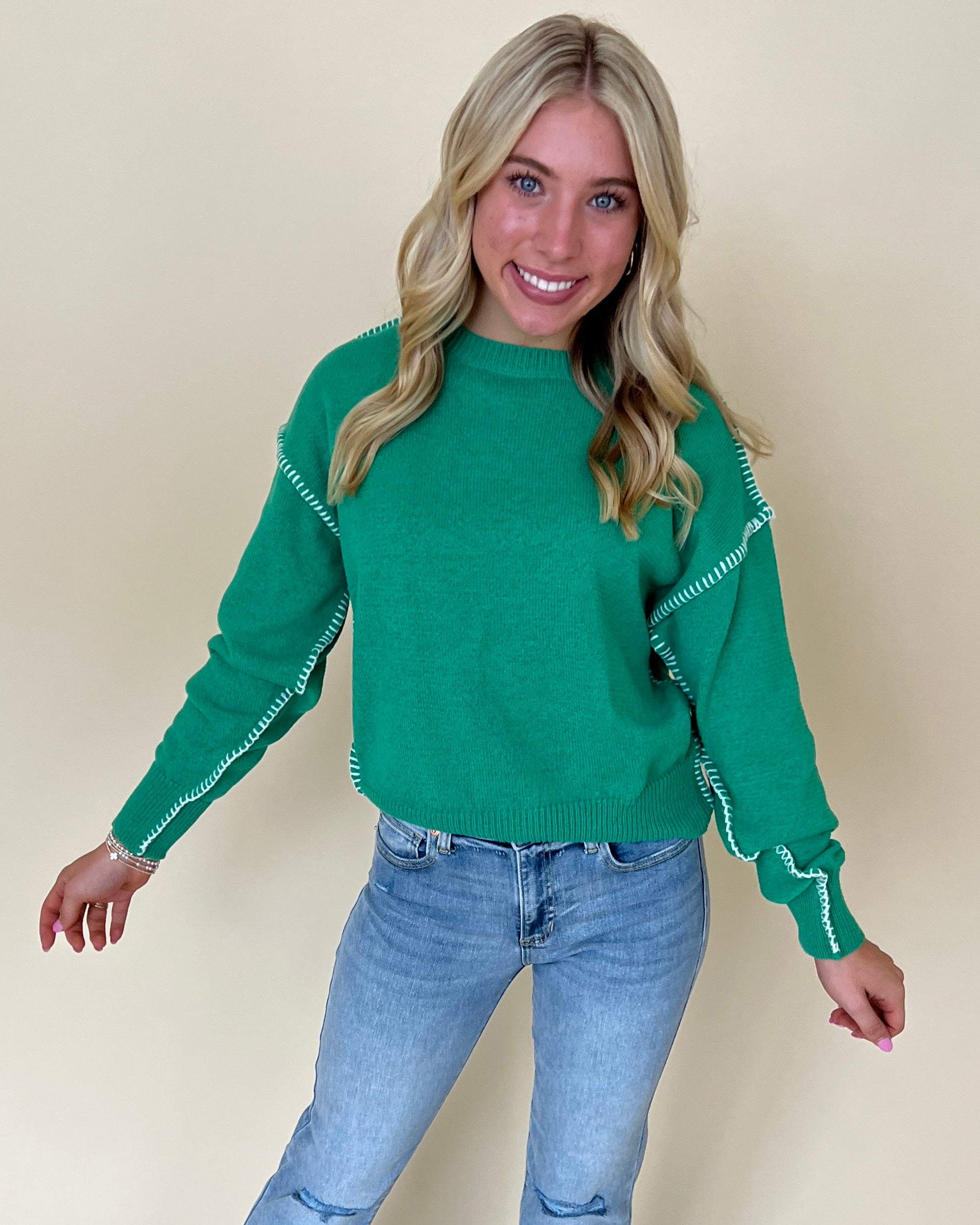 Right Here Kelly Green Contrast Stitching Sweater-Shop-Womens-Boutique-Clothing
