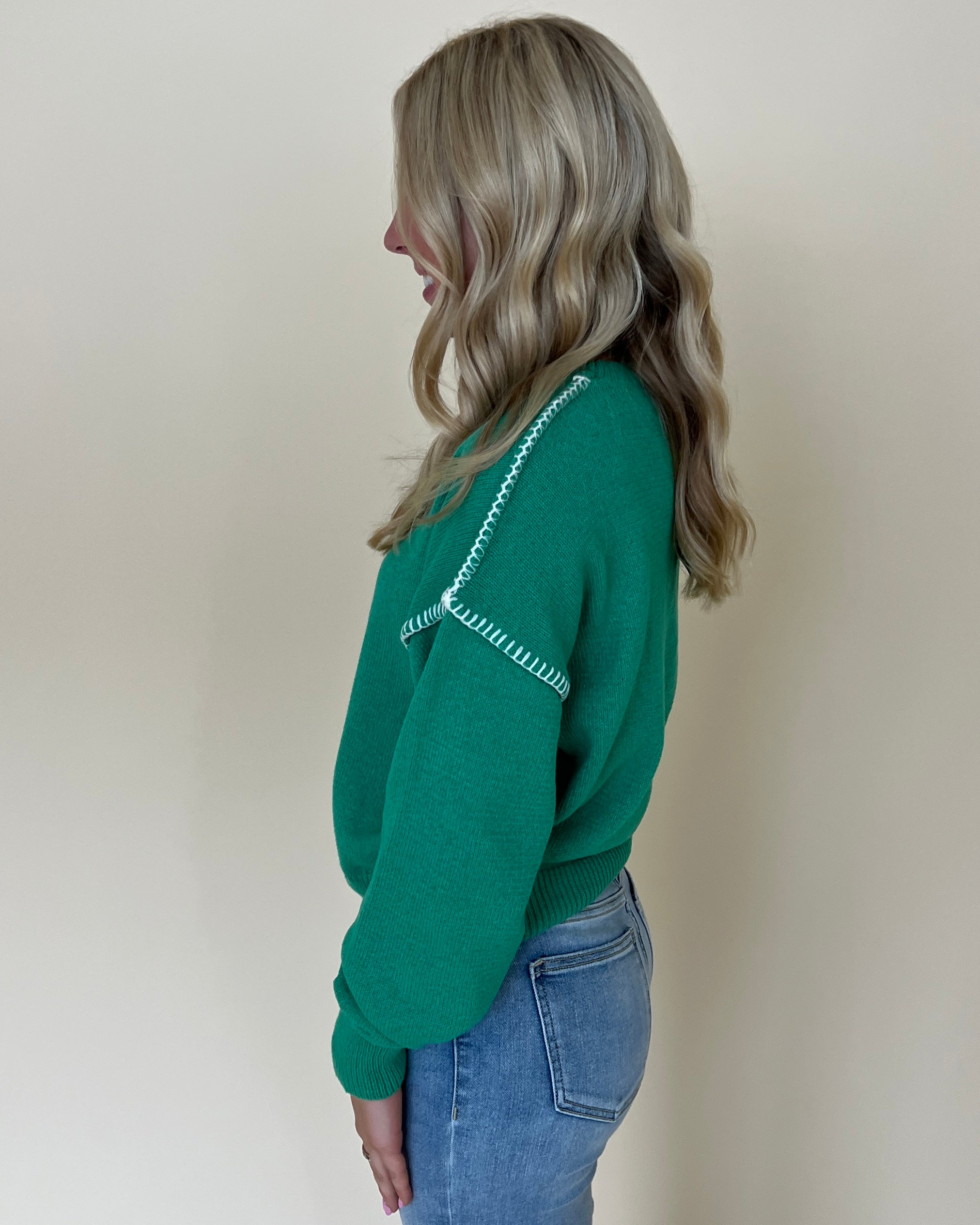 Right Here Kelly Green Contrast Stitching Sweater-Shop-Womens-Boutique-Clothing