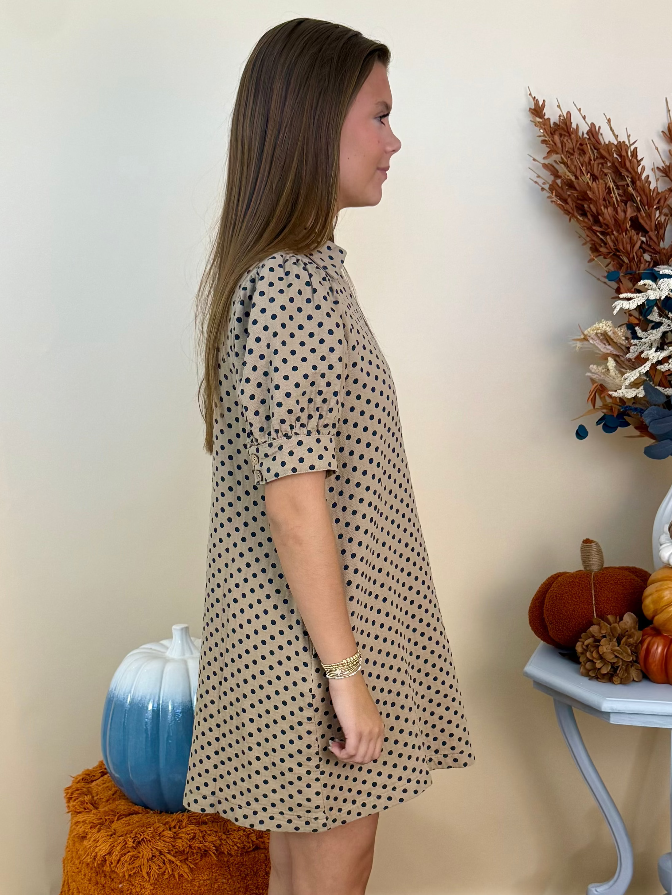 Take it Slow Taupe Polka Dot V-Neck Shift Dress-Shop-Womens-Boutique-Clothing