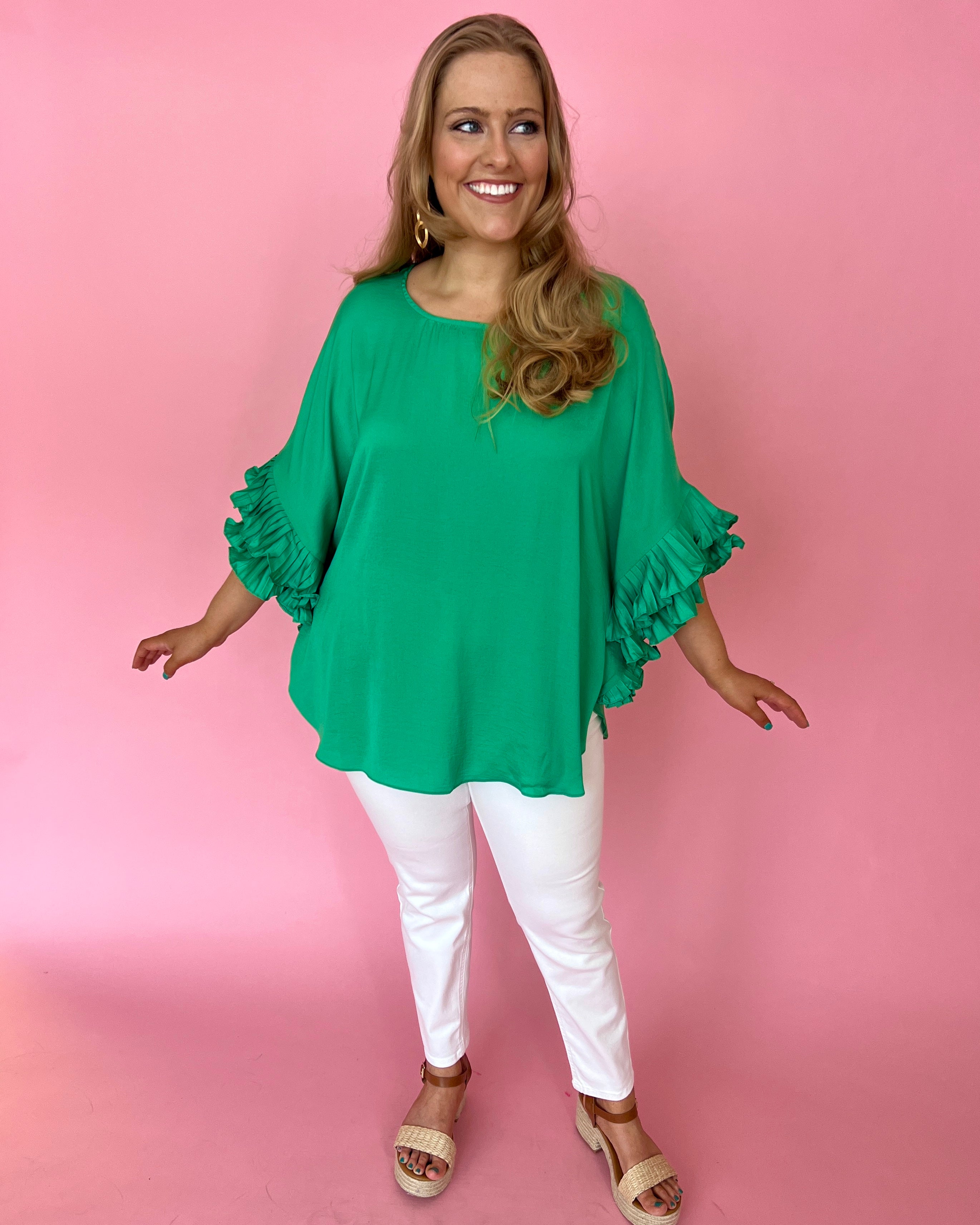 Work Together Kelly Green Plus Dolman Satin Ruffle Sleeve Top-Shop-Womens-Boutique-Clothing