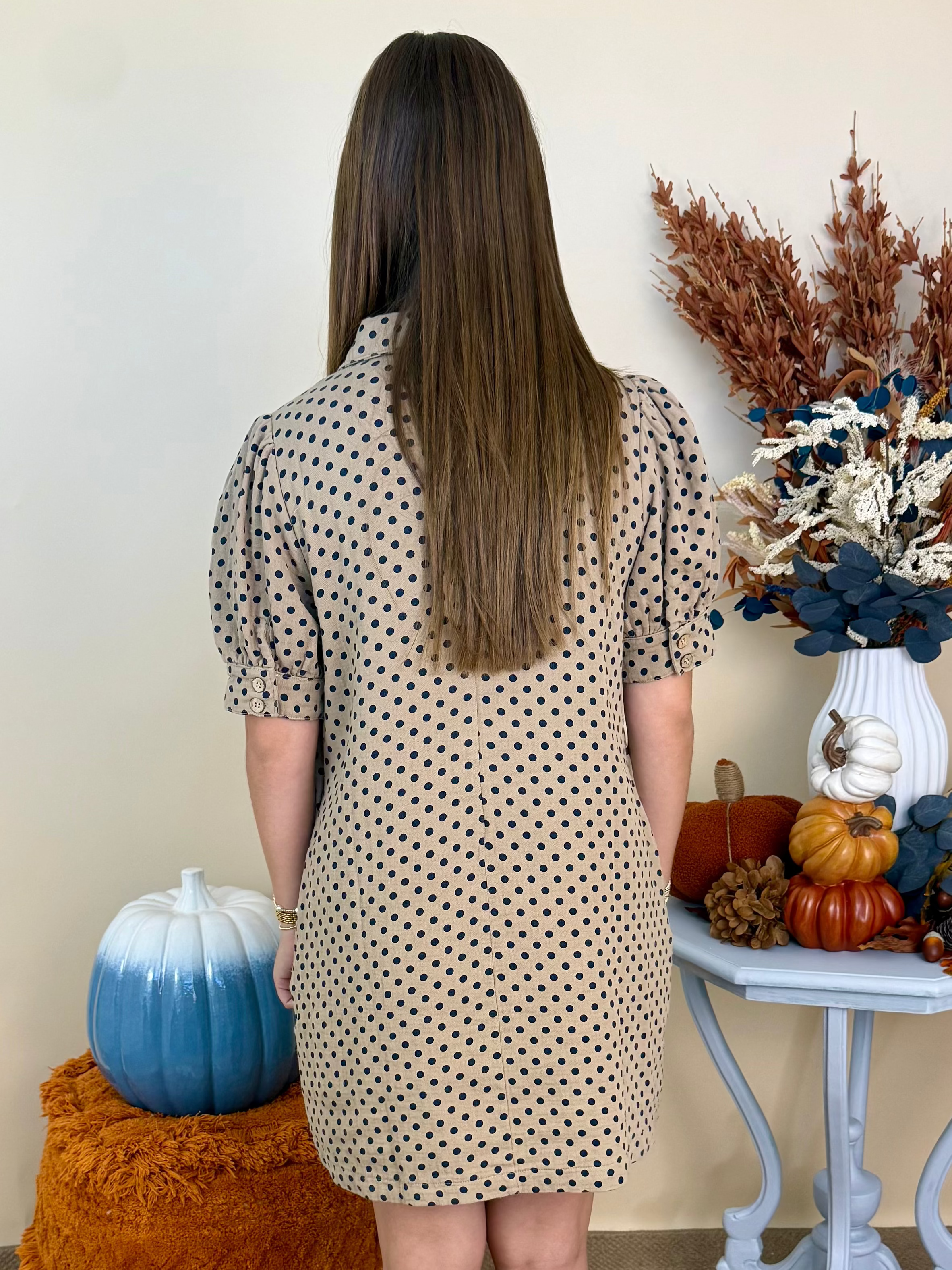 Take it Slow Taupe Polka Dot V-Neck Shift Dress-Shop-Womens-Boutique-Clothing