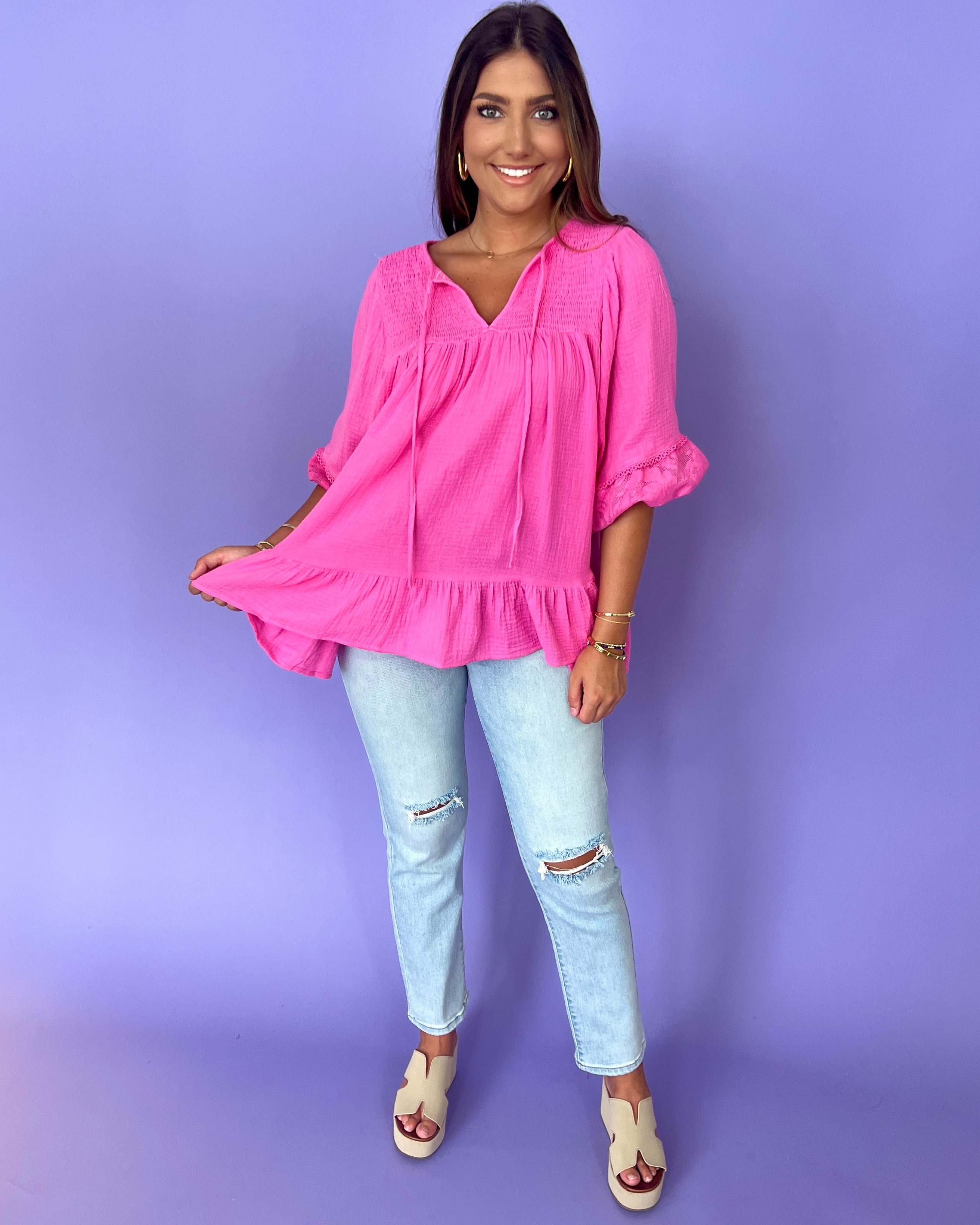 Keeping Up Bubble Pink Babydoll Top-Shop-Womens-Boutique-Clothing