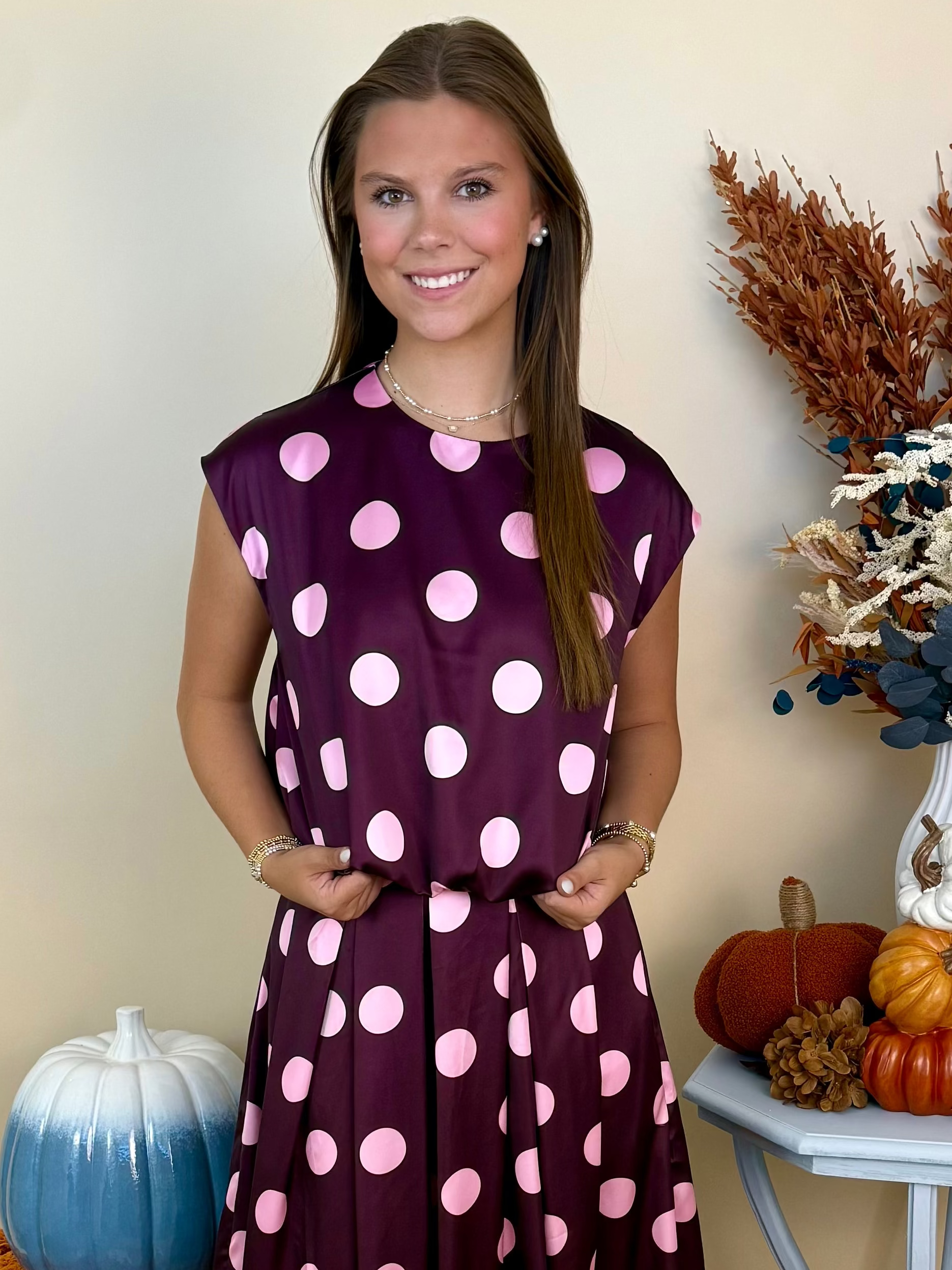 Quiet Lovely Plum Polka Dot Sleeveless Bubble Top-Shop-Womens-Boutique-Clothing