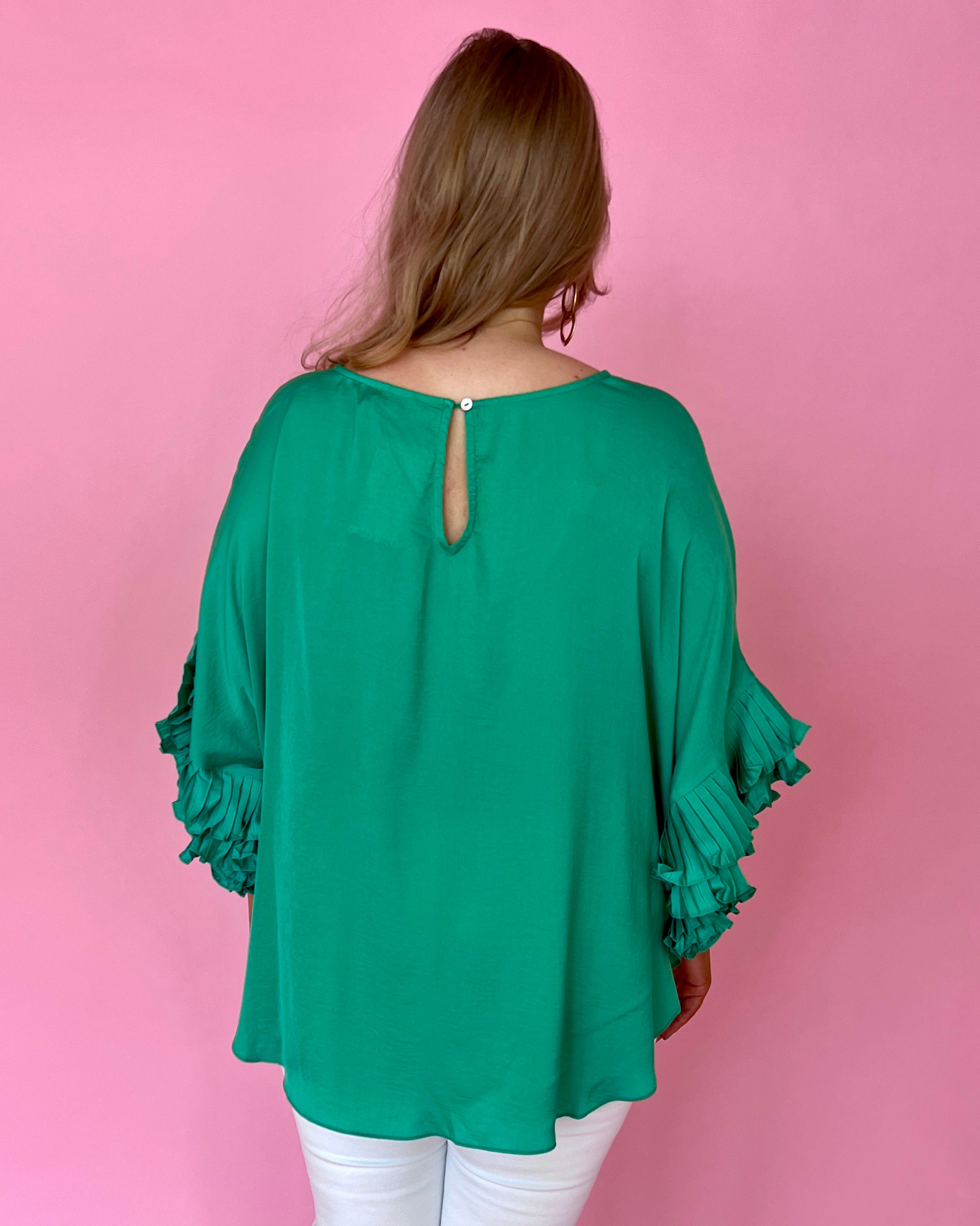 Work Together Kelly Green Plus Dolman Satin Ruffle Sleeve Top-Shop-Womens-Boutique-Clothing