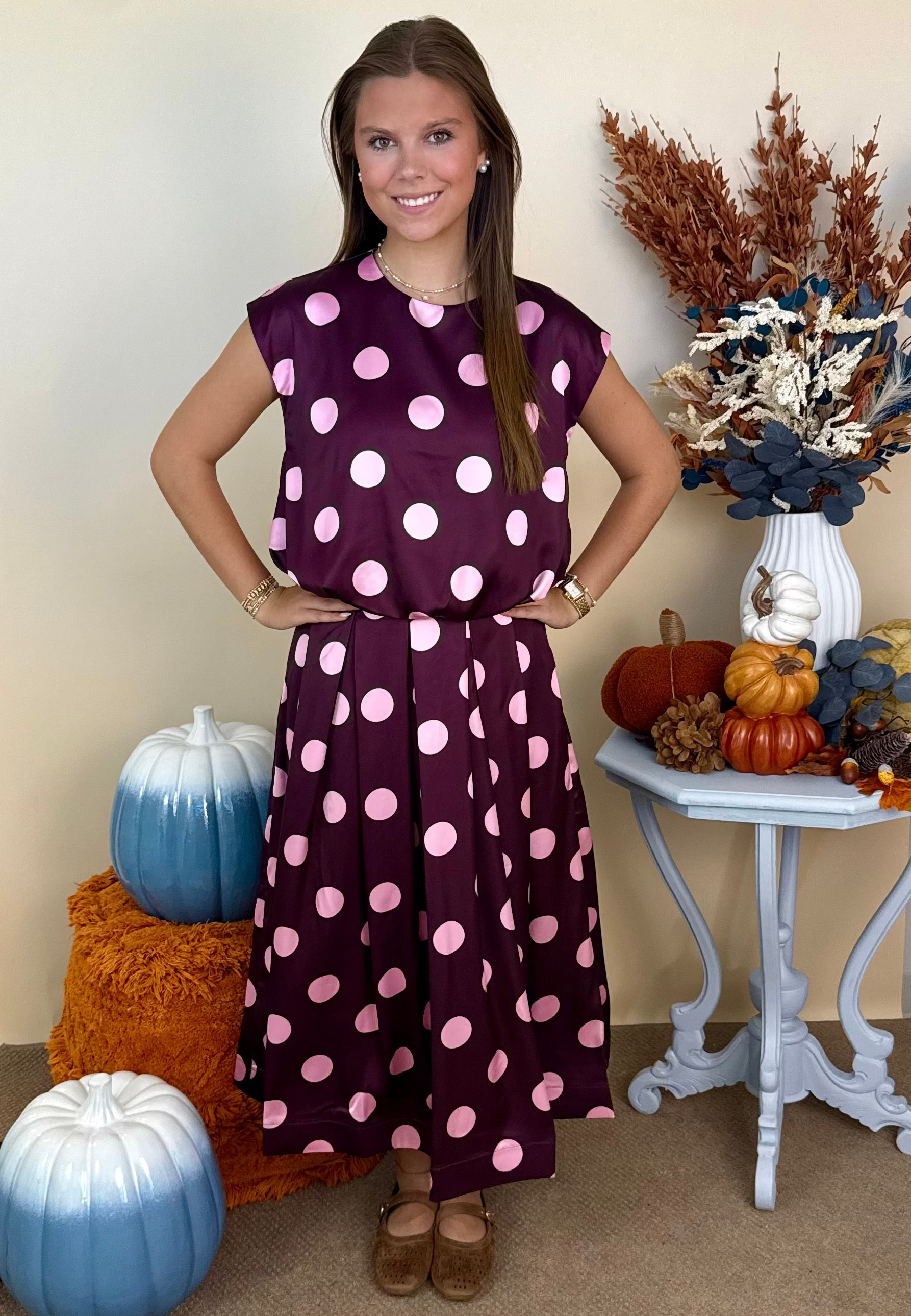 Effortlessly Yours Plum Pleated Polka Dot Midi Skirt-Shop-Womens-Boutique-Clothing