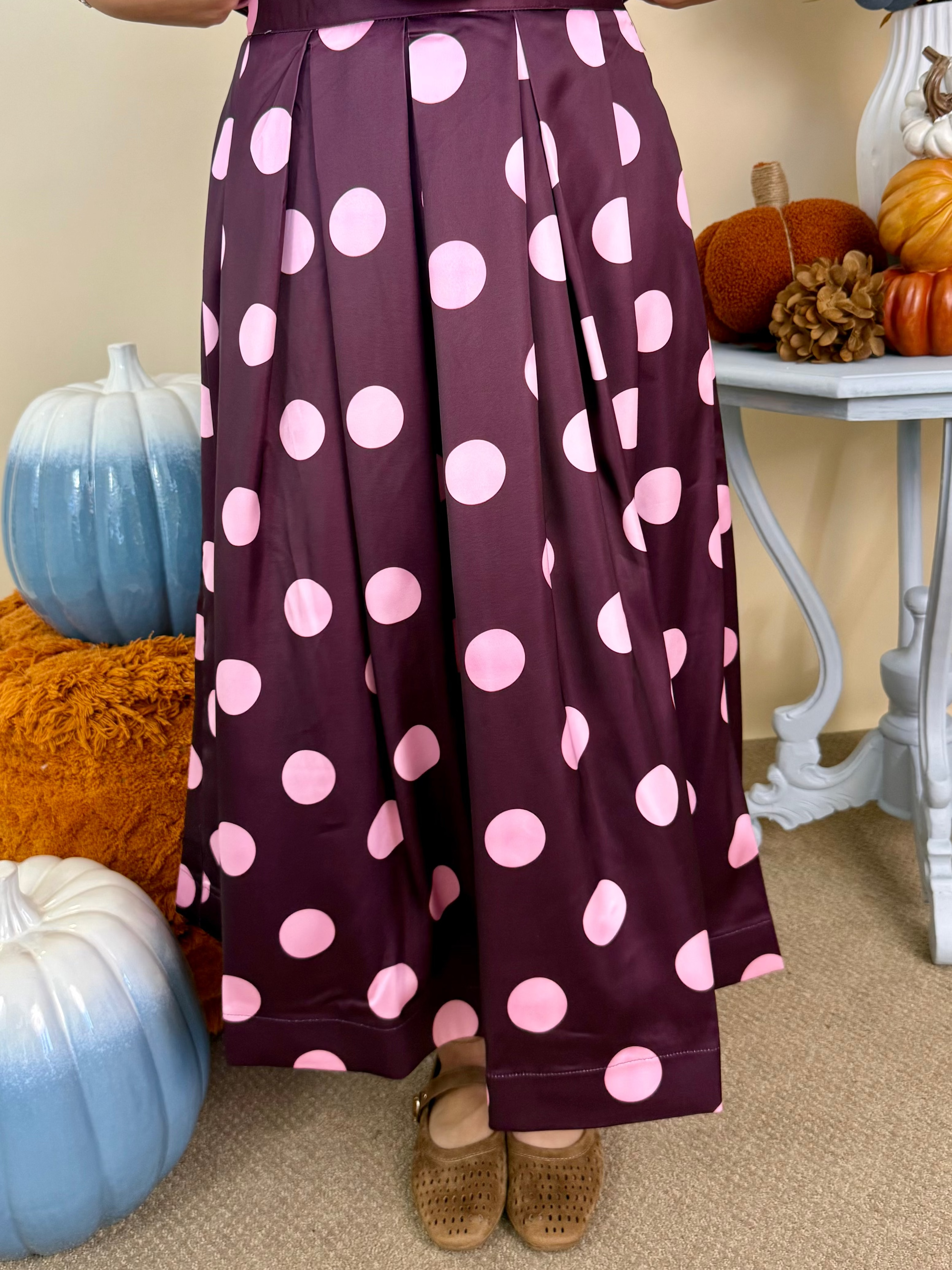 Effortlessly Yours Plum Pleated Polka Dot Midi Skirt-Shop-Womens-Boutique-Clothing