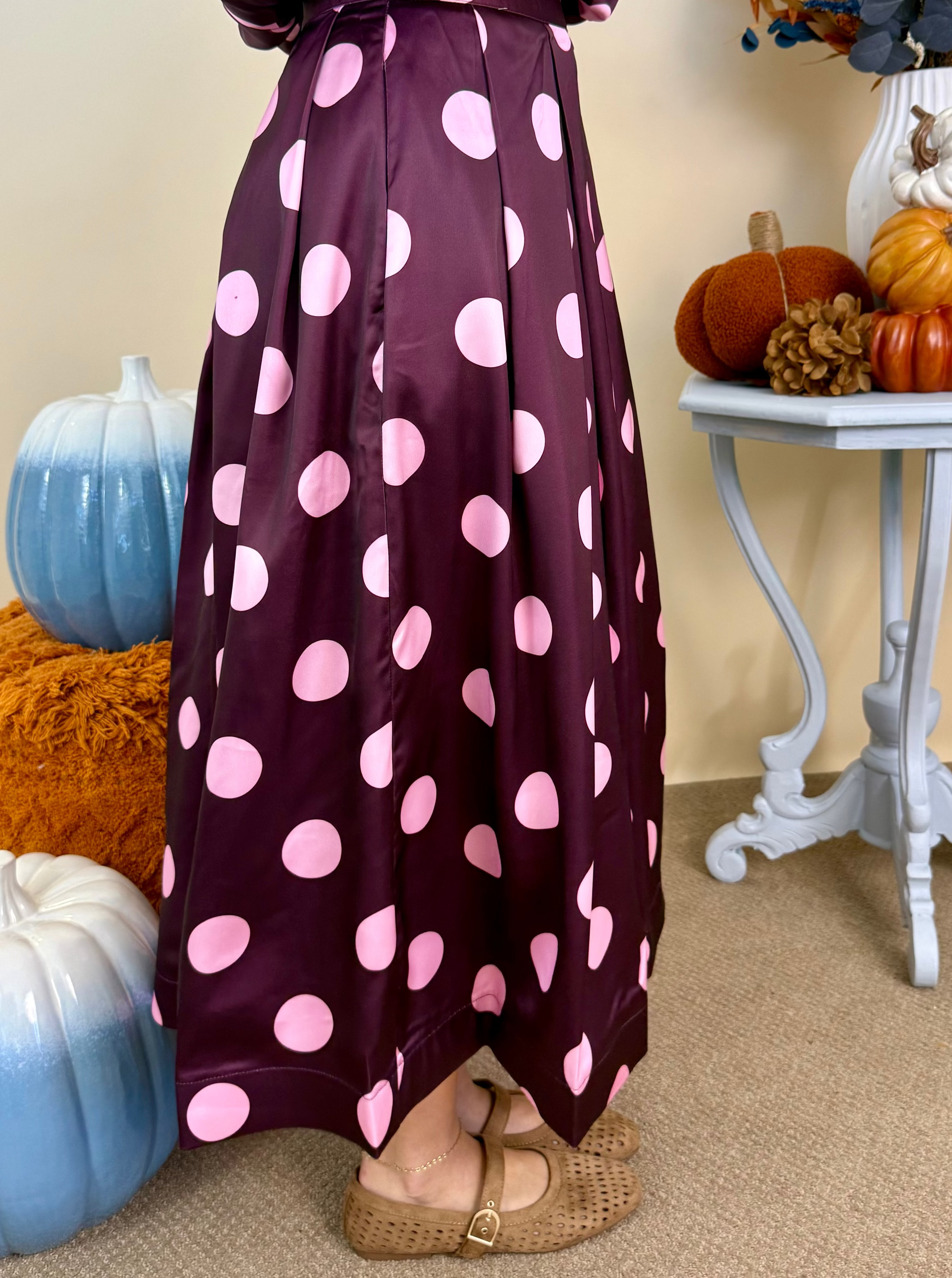 Effortlessly Yours Plum Pleated Polka Dot Midi Skirt-Shop-Womens-Boutique-Clothing