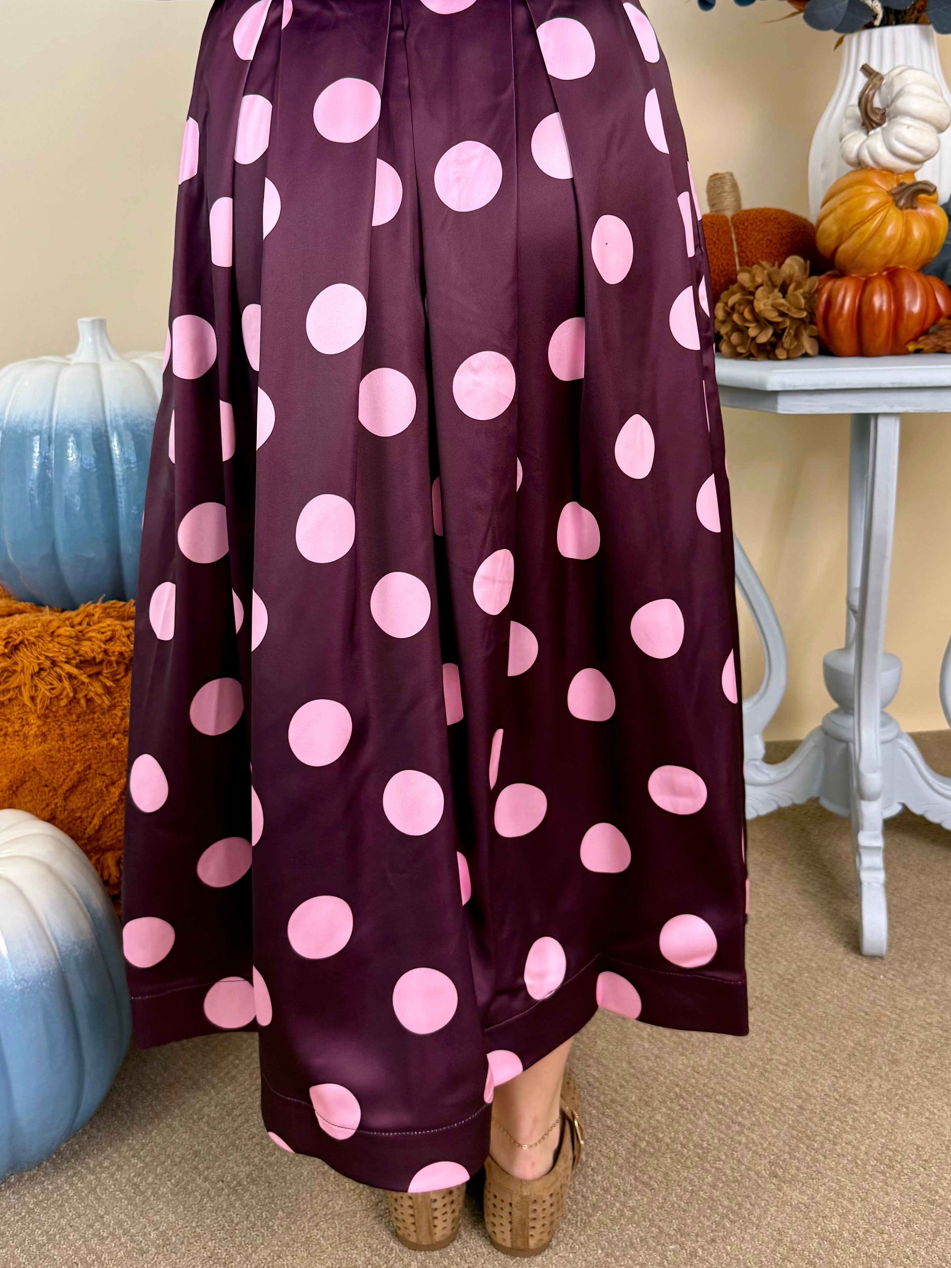 Effortlessly Yours Plum Pleated Polka Dot Midi Skirt-Shop-Womens-Boutique-Clothing