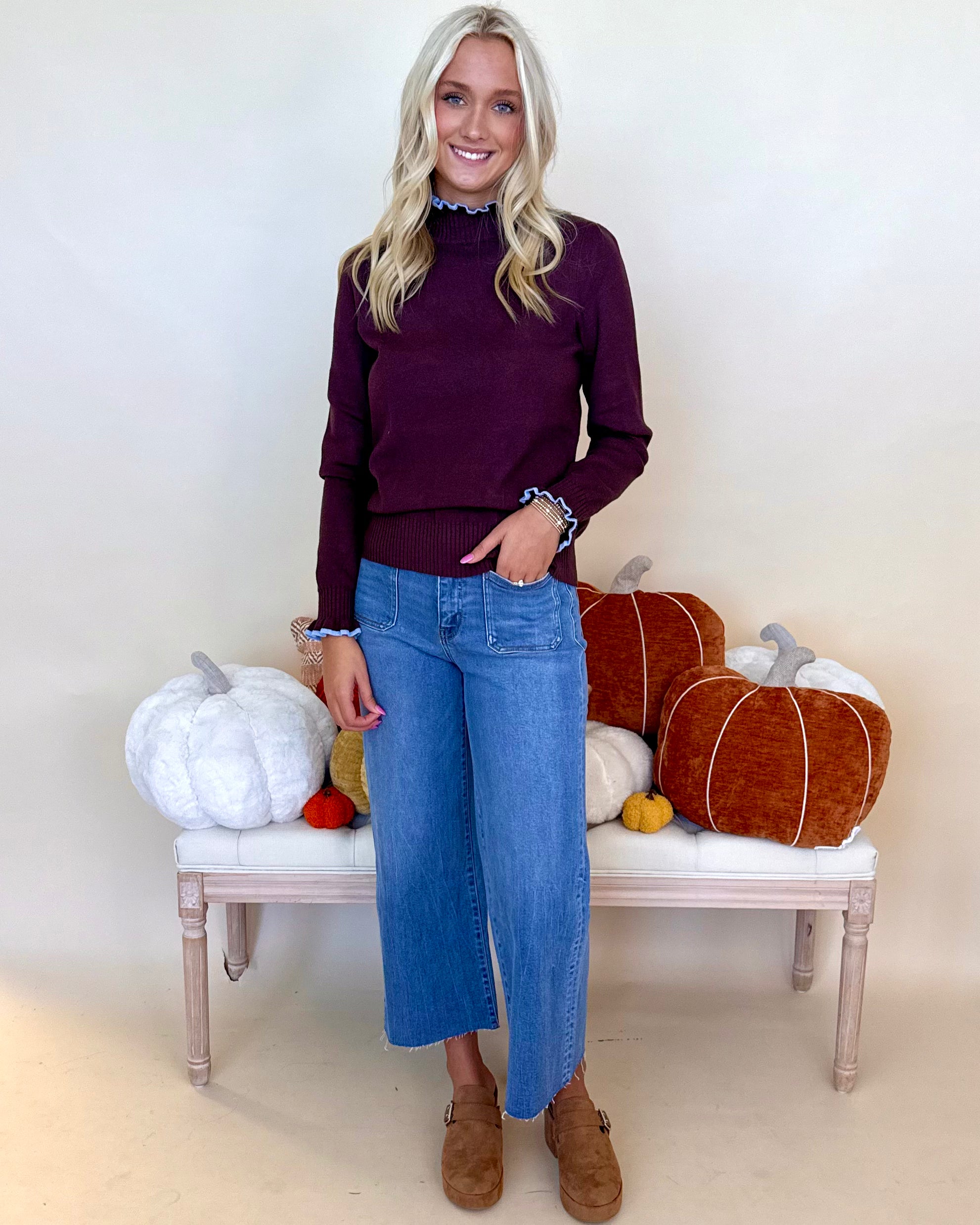 Here We Are Brown Ruffle Neck Sweater