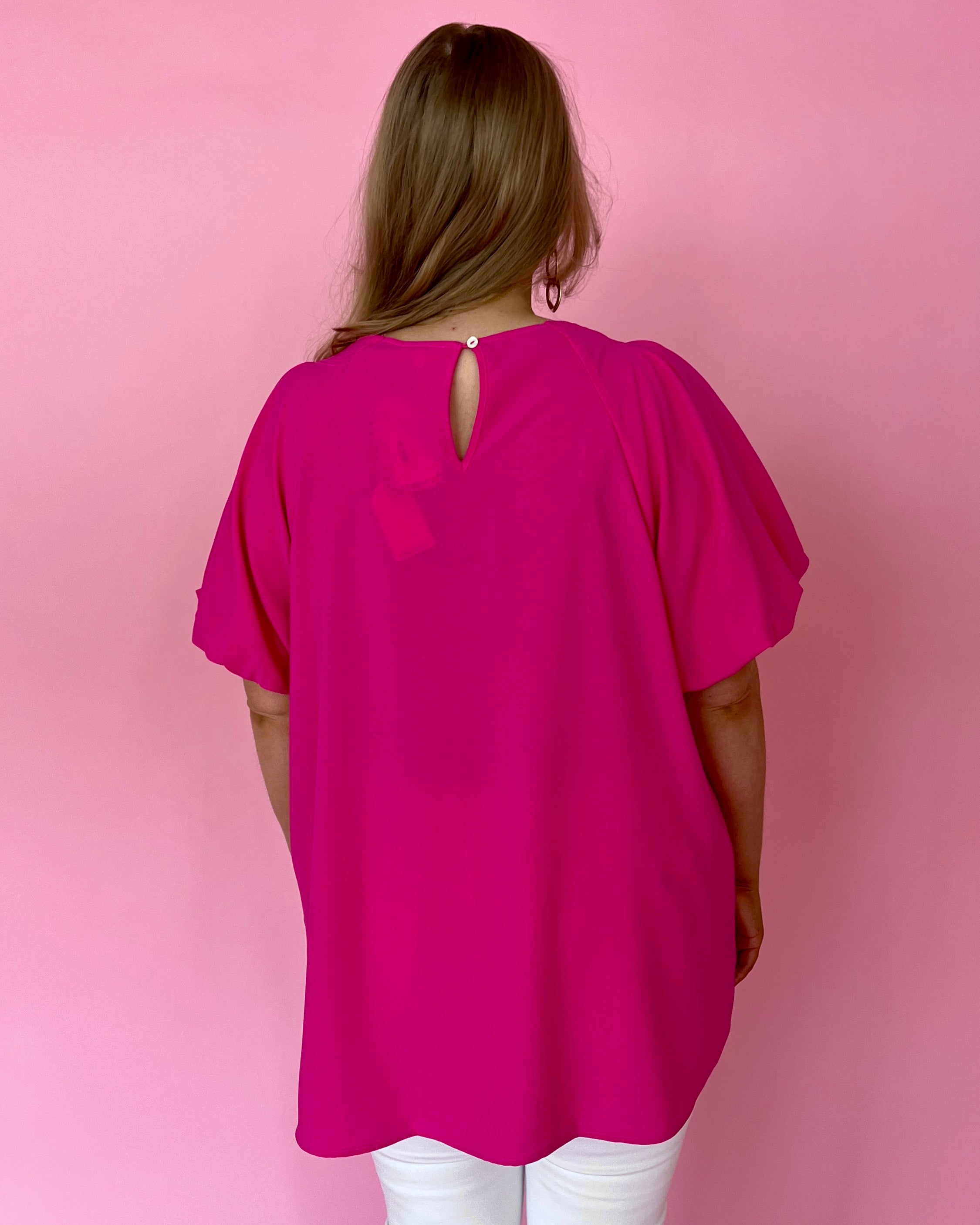 My Dearest Darling Fuchsia Plus Puff Sleeve Round Neck Top-Shop-Womens-Boutique-Clothing