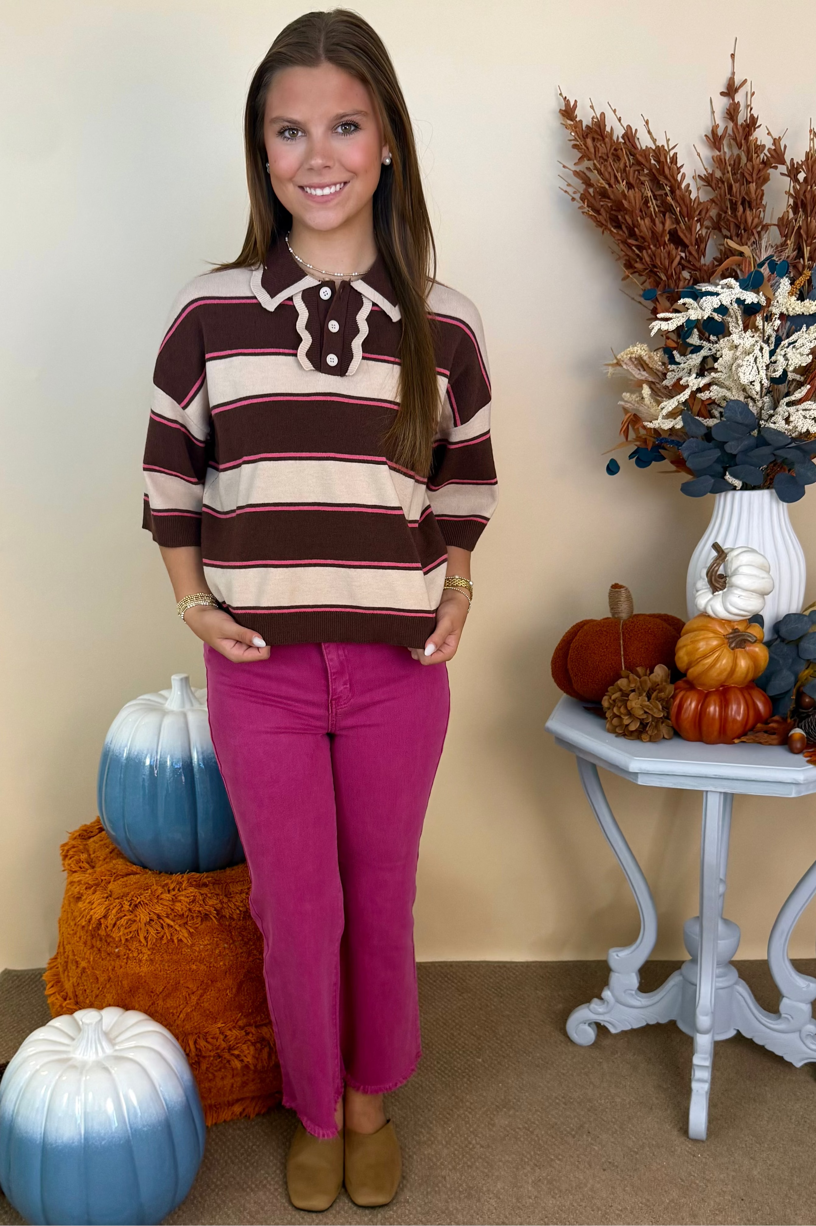 Casually Yours Brown Combo Striped Sweater-Shop-Womens-Boutique-Clothing