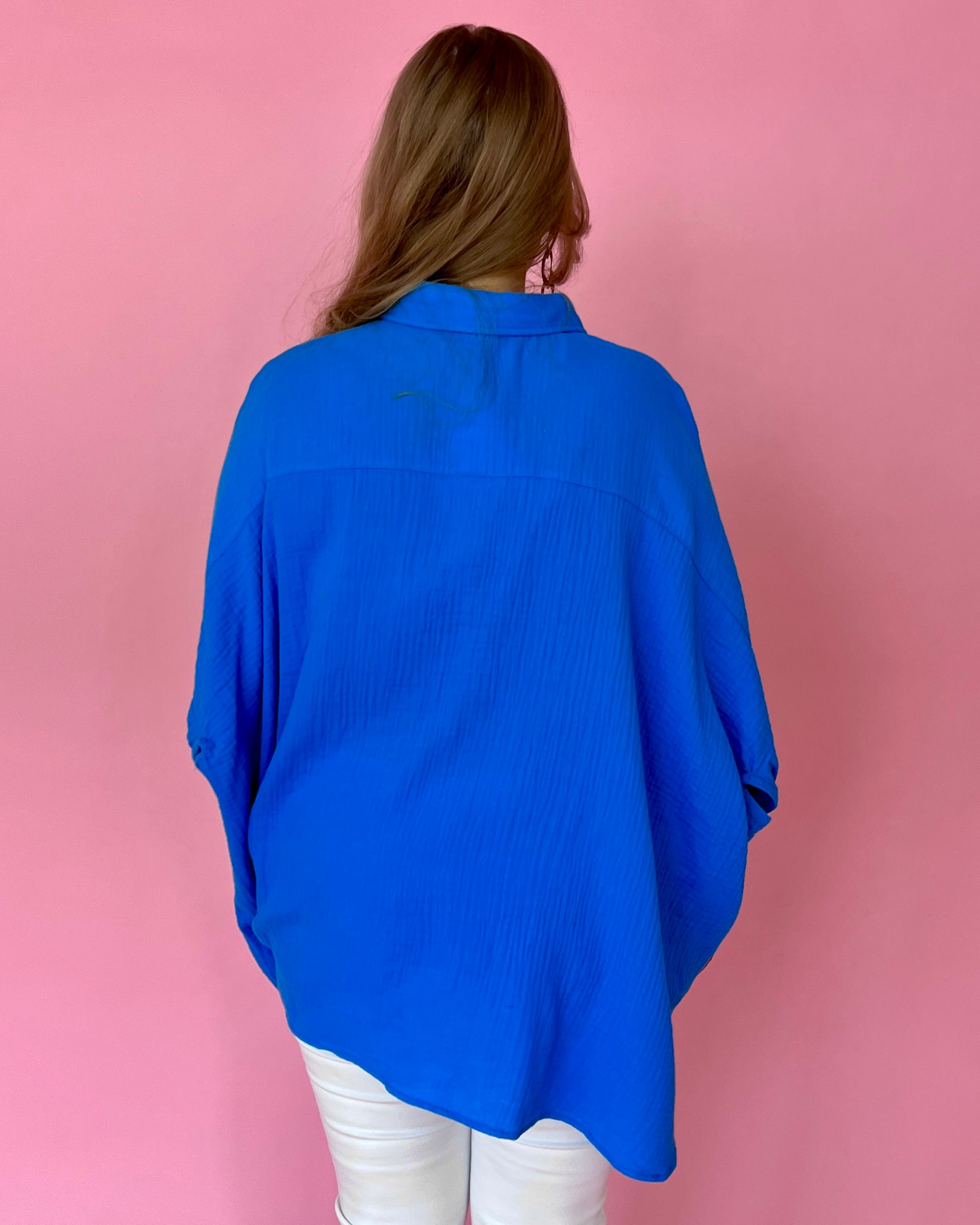 Days Of Summer Blue Plus Gauze Button Down Dolman Top-Shop-Womens-Boutique-Clothing
