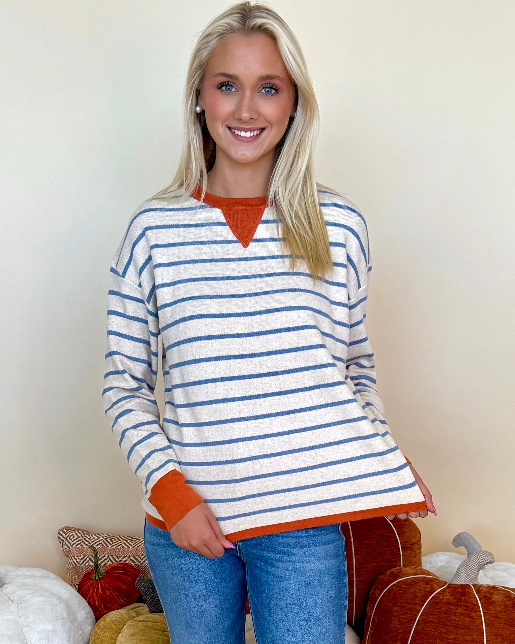 What A Treat Oatmeal Striped Contrast Sweater-Shop-Womens-Boutique-Clothing