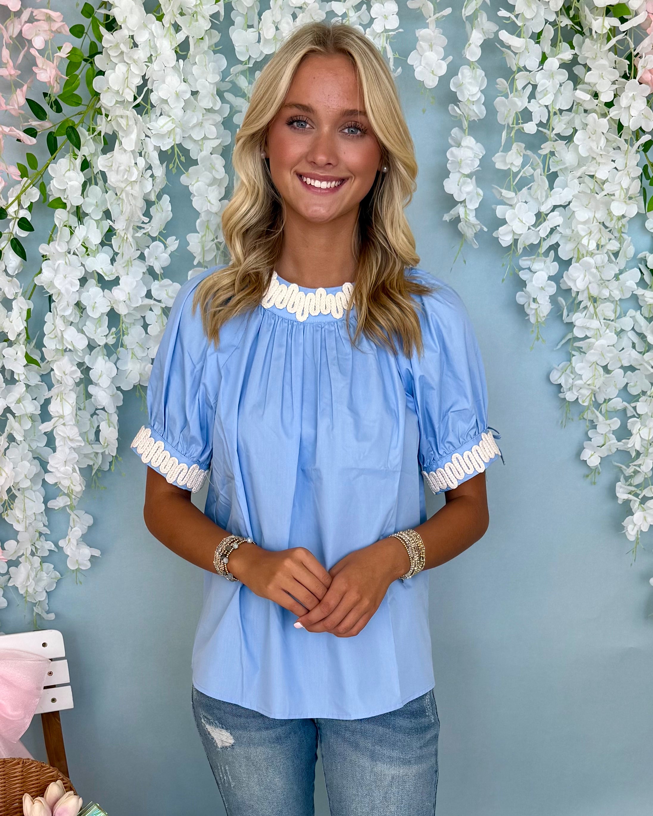 Darling Gaze Chambray Applique Top-Shop-Womens-Boutique-Clothing