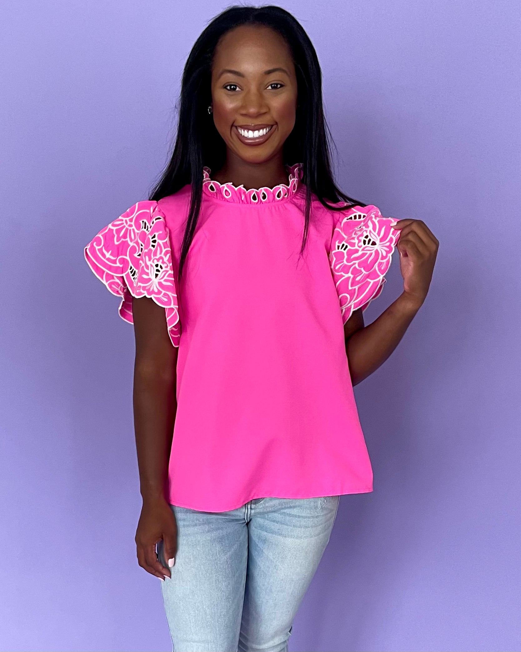 Just Dreaming Hot Pink Embroidered Top-Shop-Womens-Boutique-Clothing