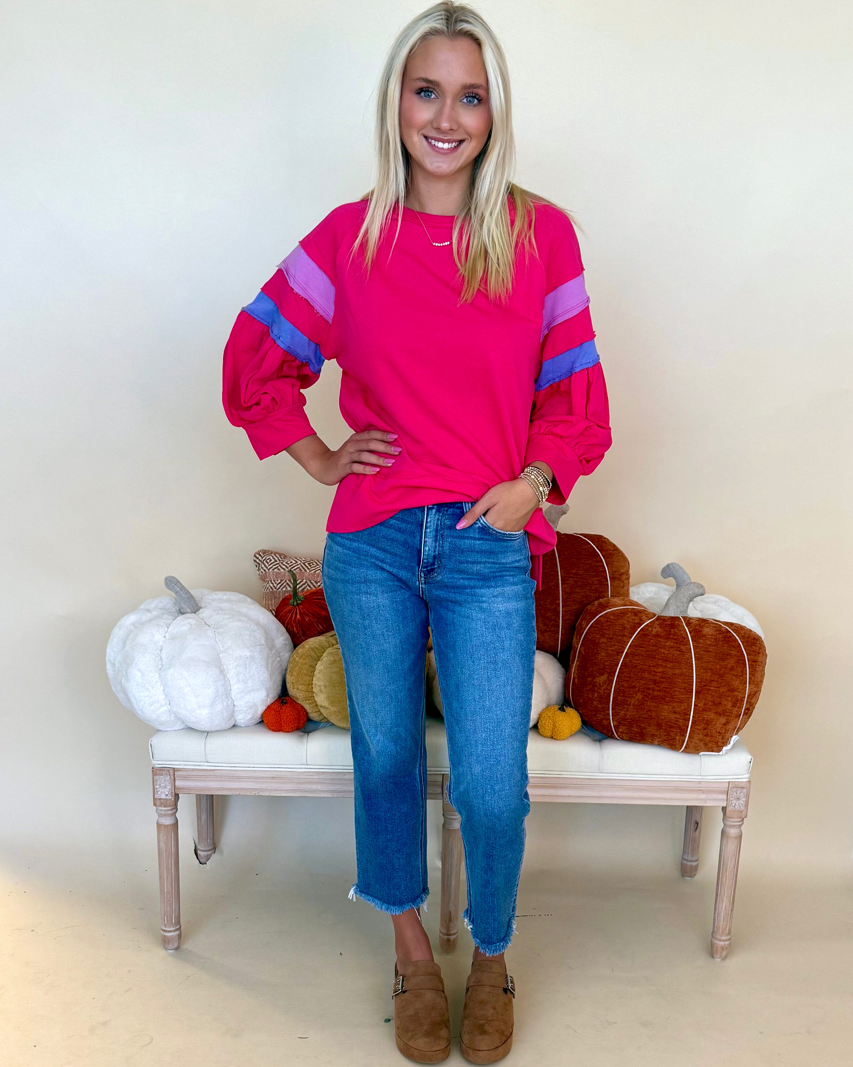 Fade Into You Fuchsia Colorblock Sleeve Top-Shop-Womens-Boutique-Clothing