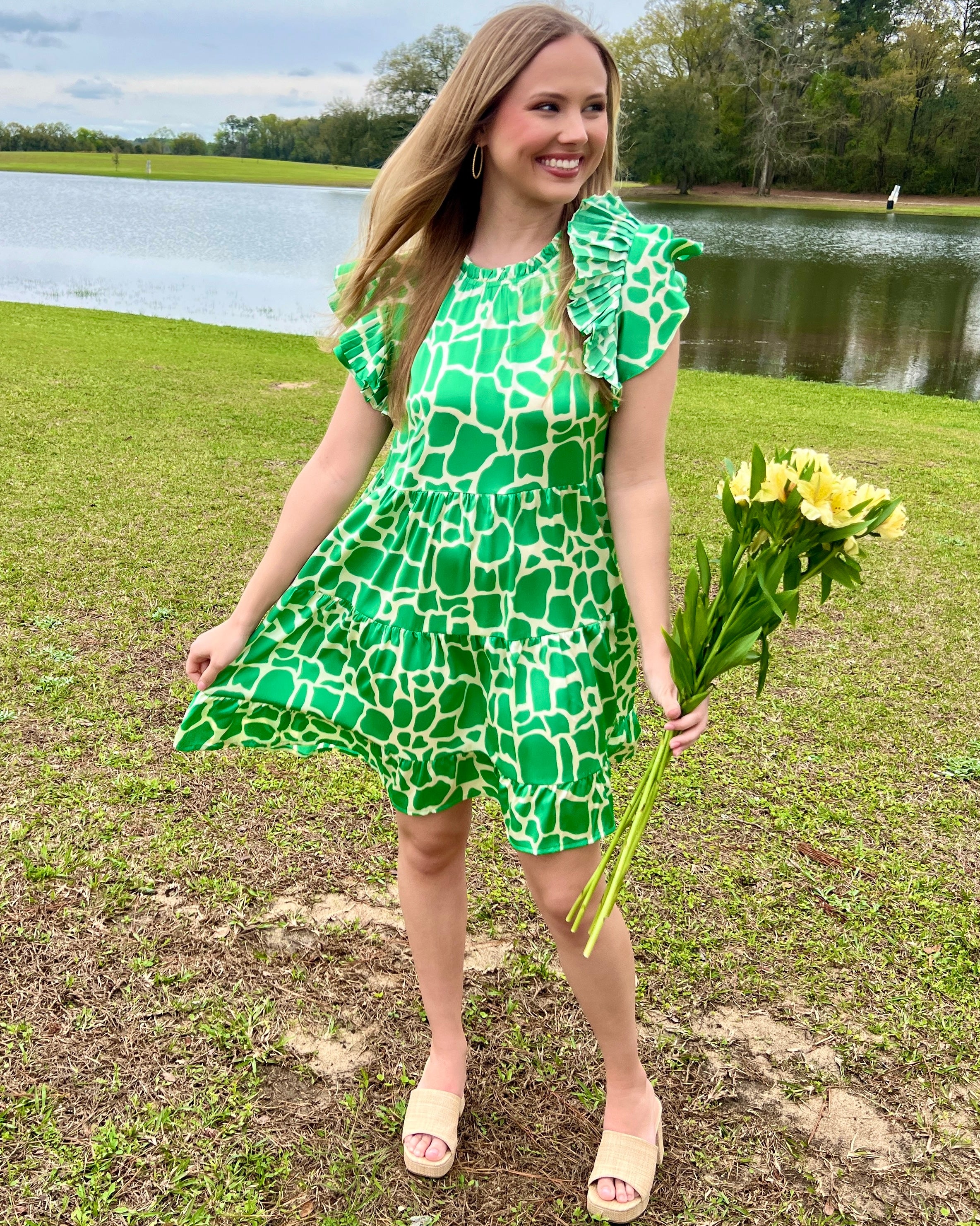 Read The Room Kelly Green Printed Ruffle Dress-Shop-Womens-Boutique-Clothing