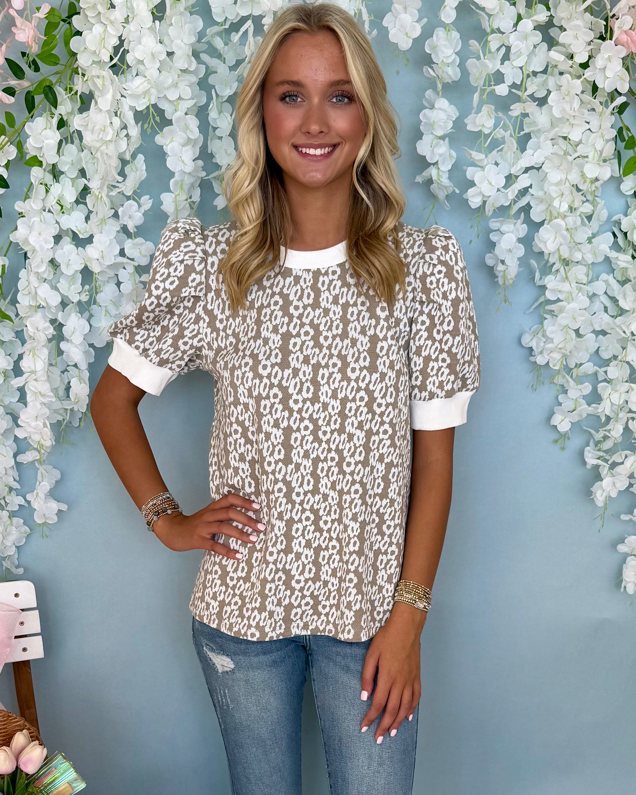 Take Your Turn Taupe Floral Jacquard Top-Shop-Womens-Boutique-Clothing