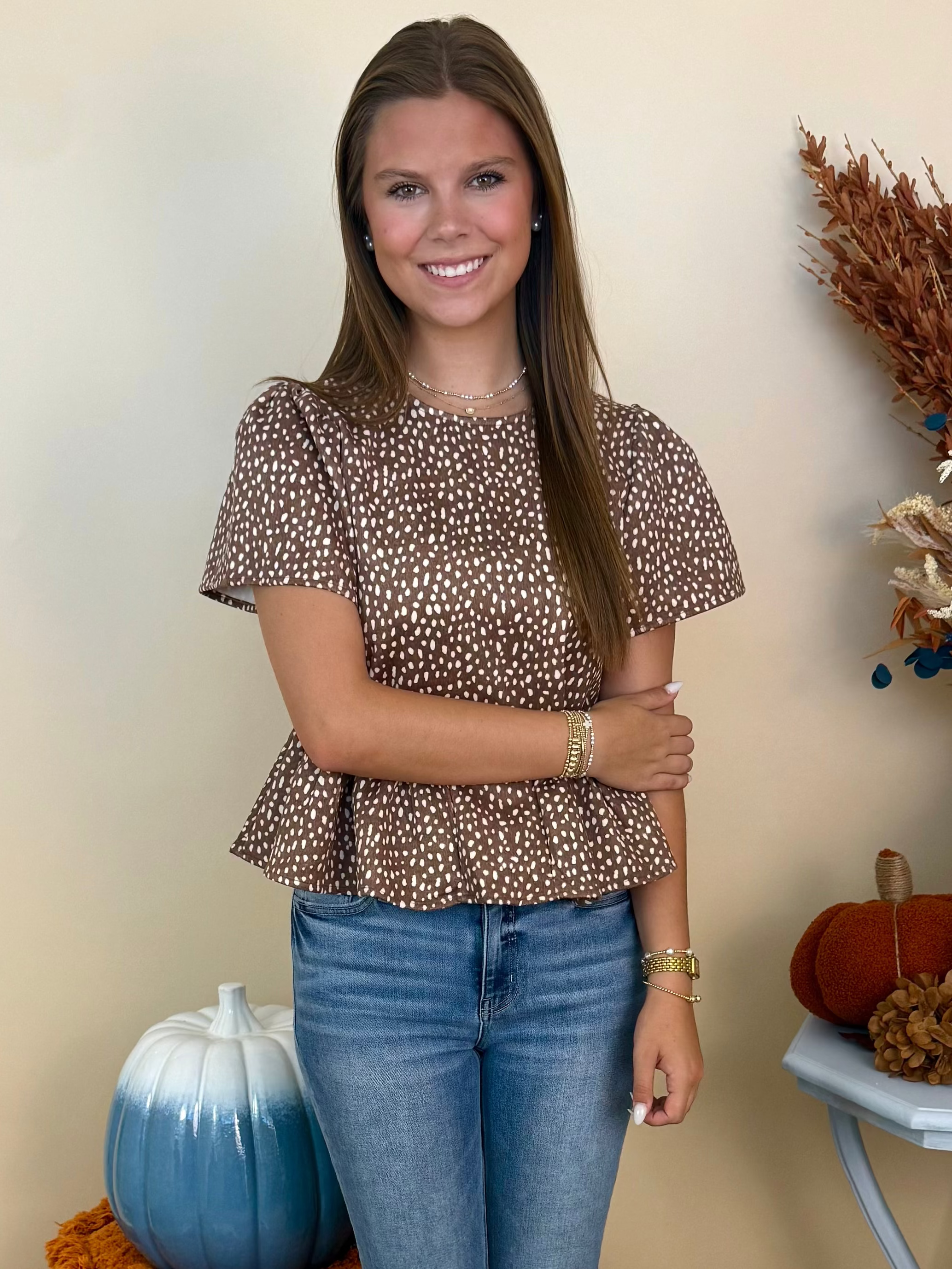 My Happy Place Brown Ecru Dot Ruffle Top-Shop-Womens-Boutique-Clothing