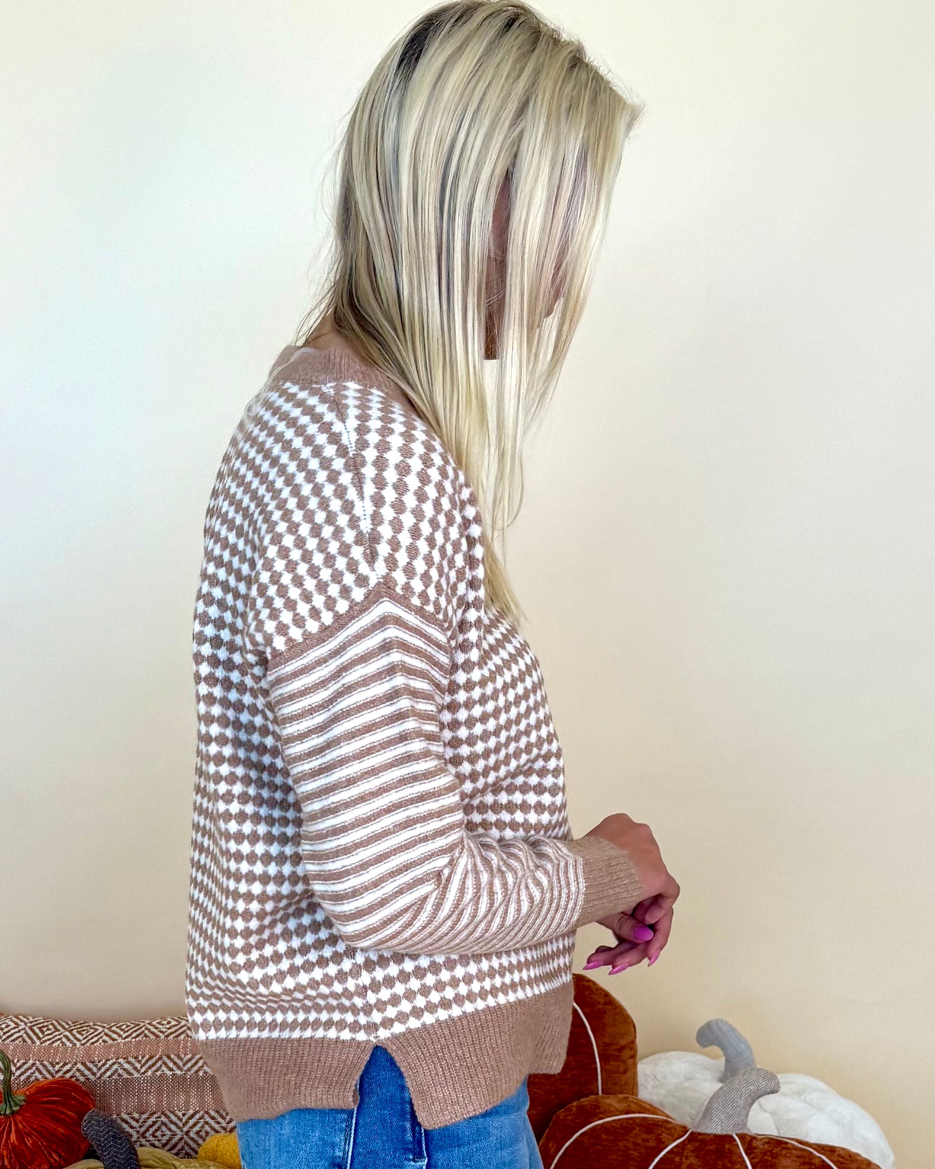 For Good Reason Lt Camel Checkerboard Sweater-Shop-Womens-Boutique-Clothing