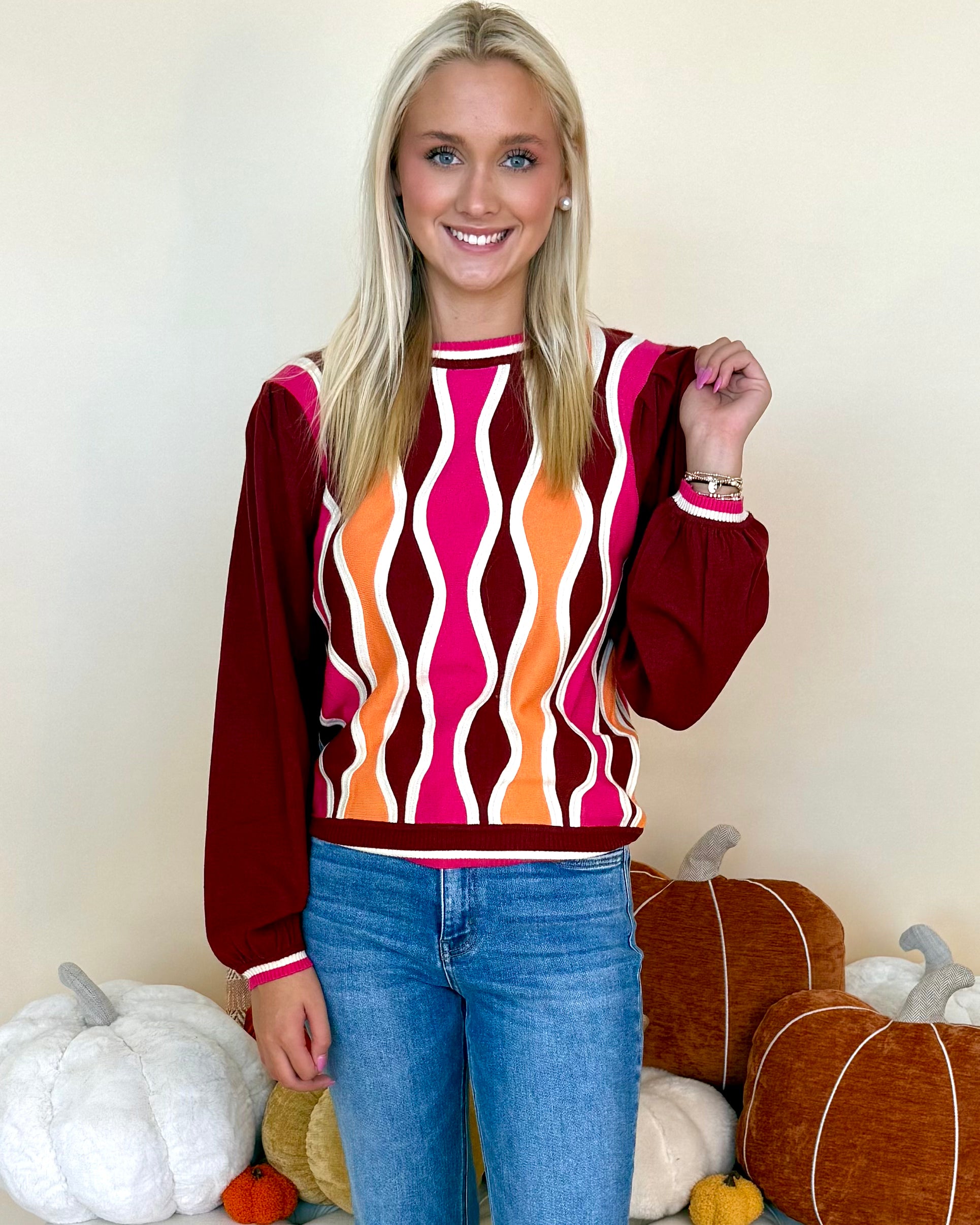 Full Of Faith Wine Colorblock Wave Sweater-Shop-Womens-Boutique-Clothing