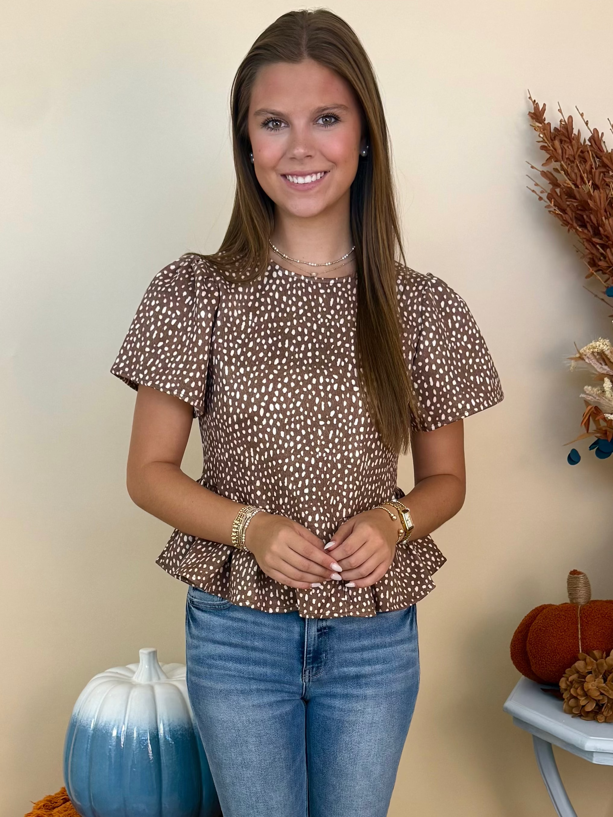 My Happy Place Brown Ecru Dot Ruffle Top-Shop-Womens-Boutique-Clothing