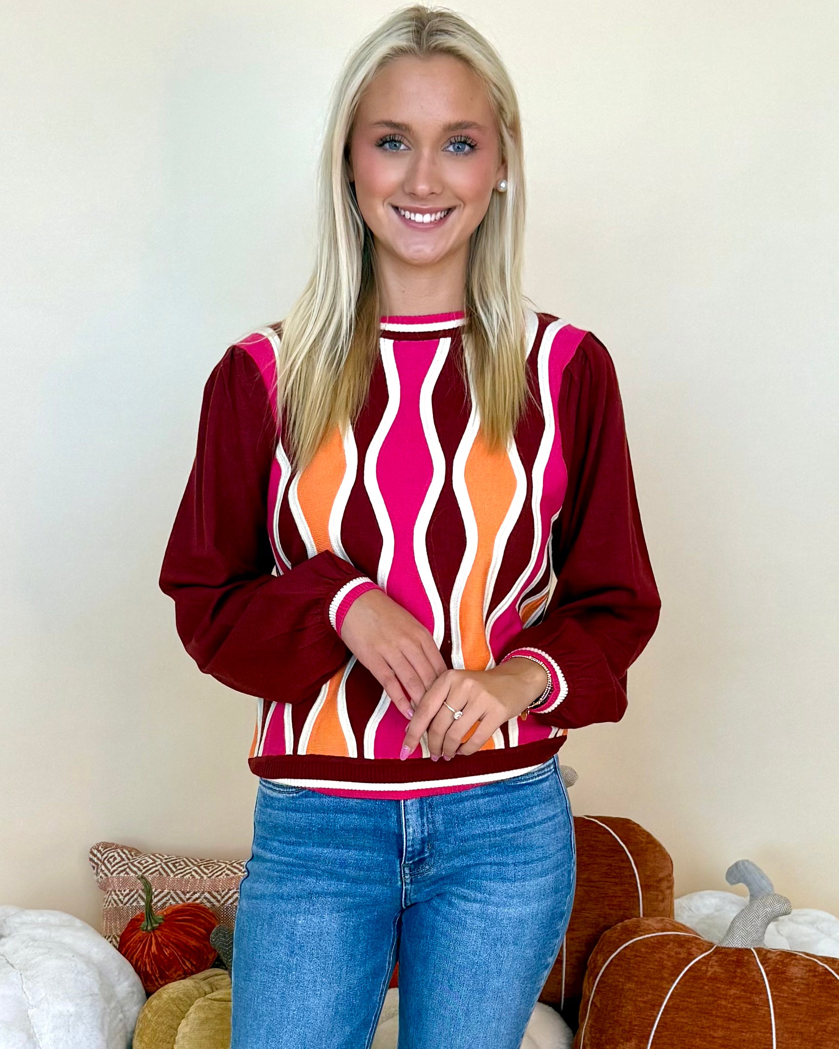 Full Of Faith Wine Colorblock Wave Sweater-Shop-Womens-Boutique-Clothing