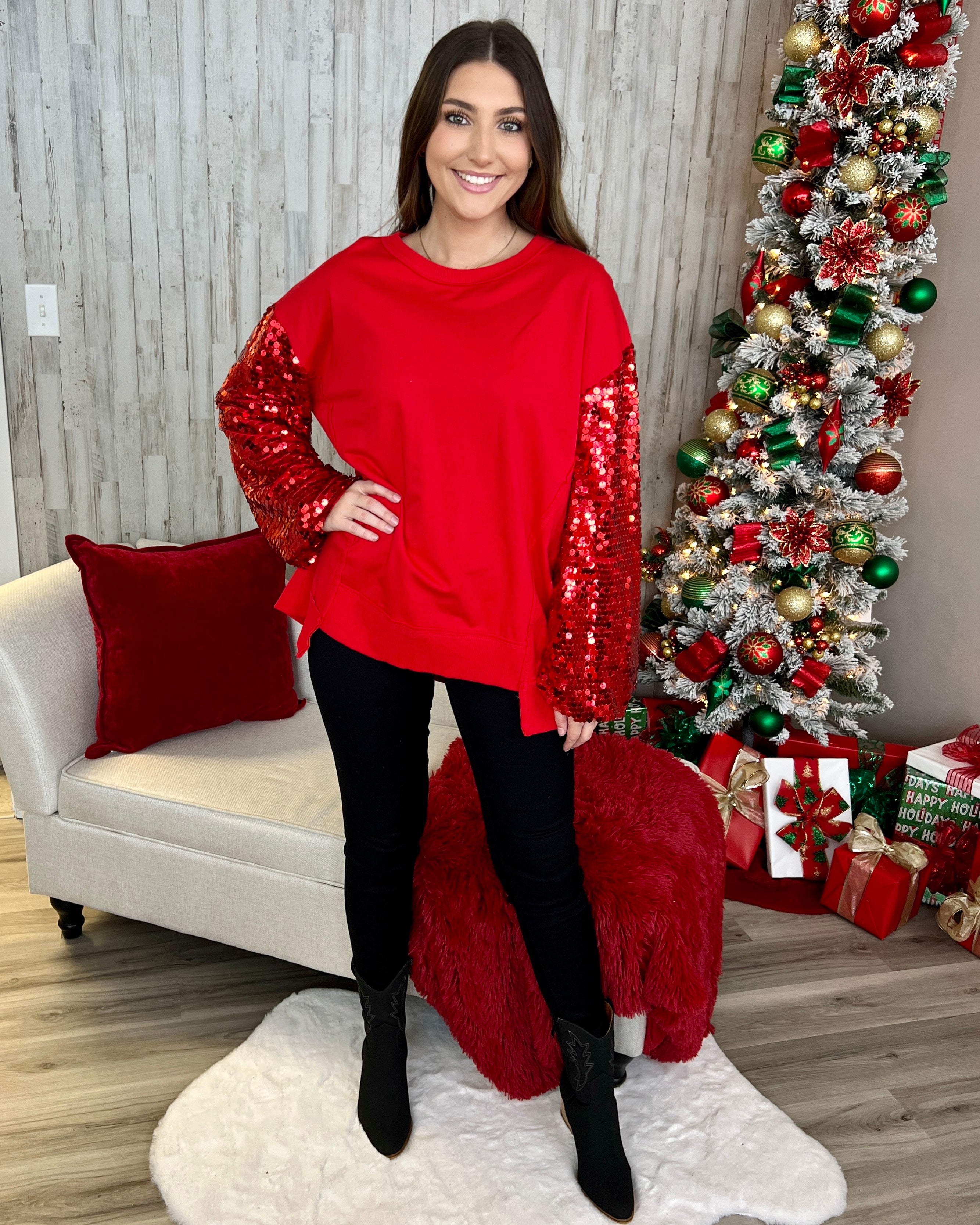 Festive Glow Red Sleeve Sequins Top-Shop-Womens-Boutique-Clothing