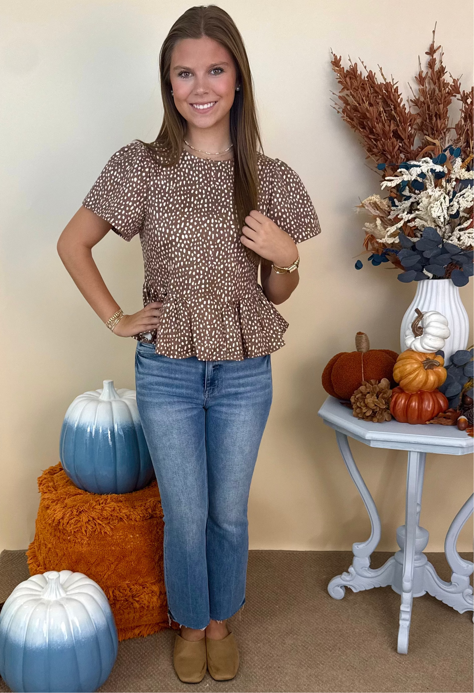 My Happy Place Brown Ecru Dot Ruffle Top-Shop-Womens-Boutique-Clothing